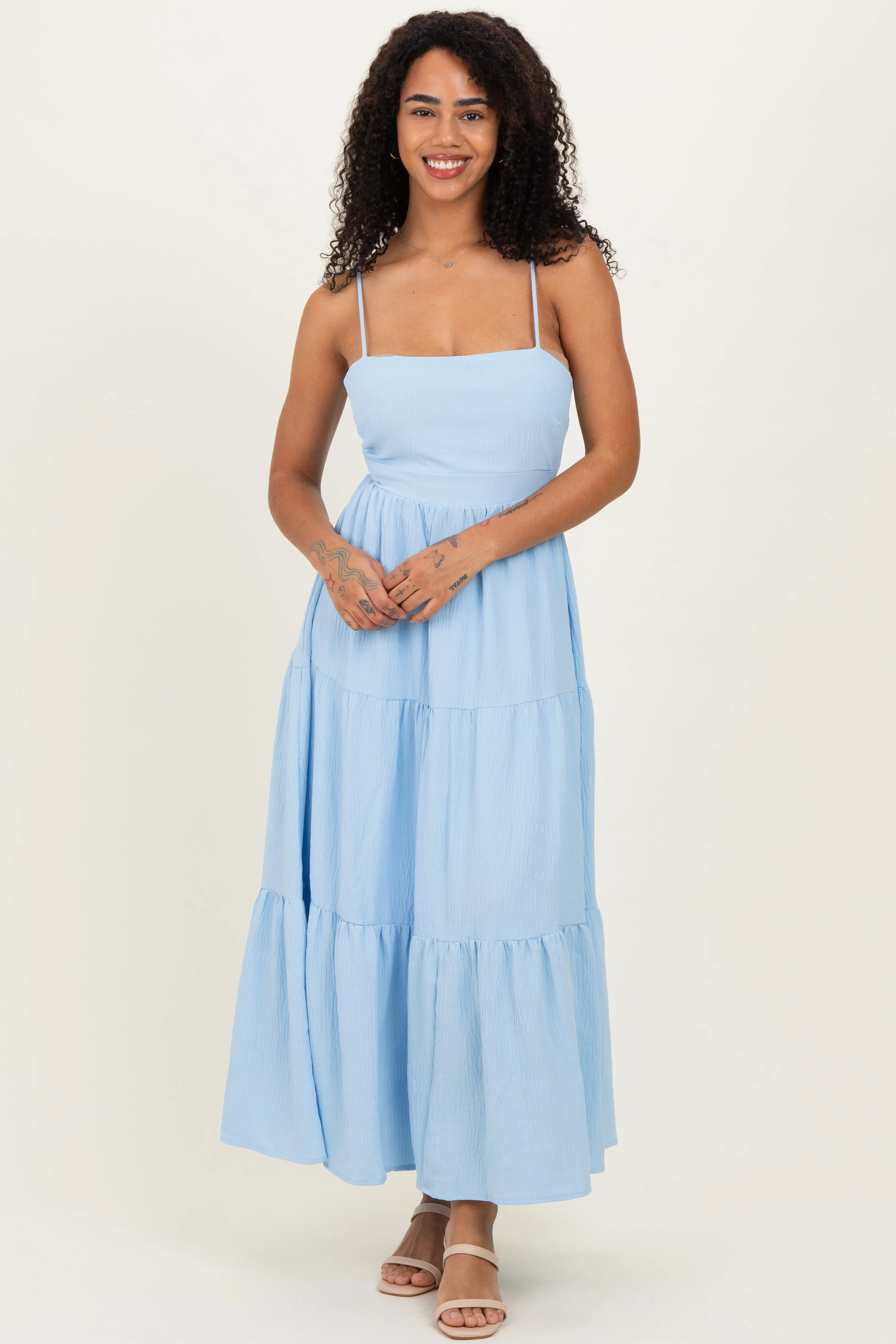 Light Blue Tiered Cutout Tie Back Midi Dress sold by Pinkblush product image thumbnail 2