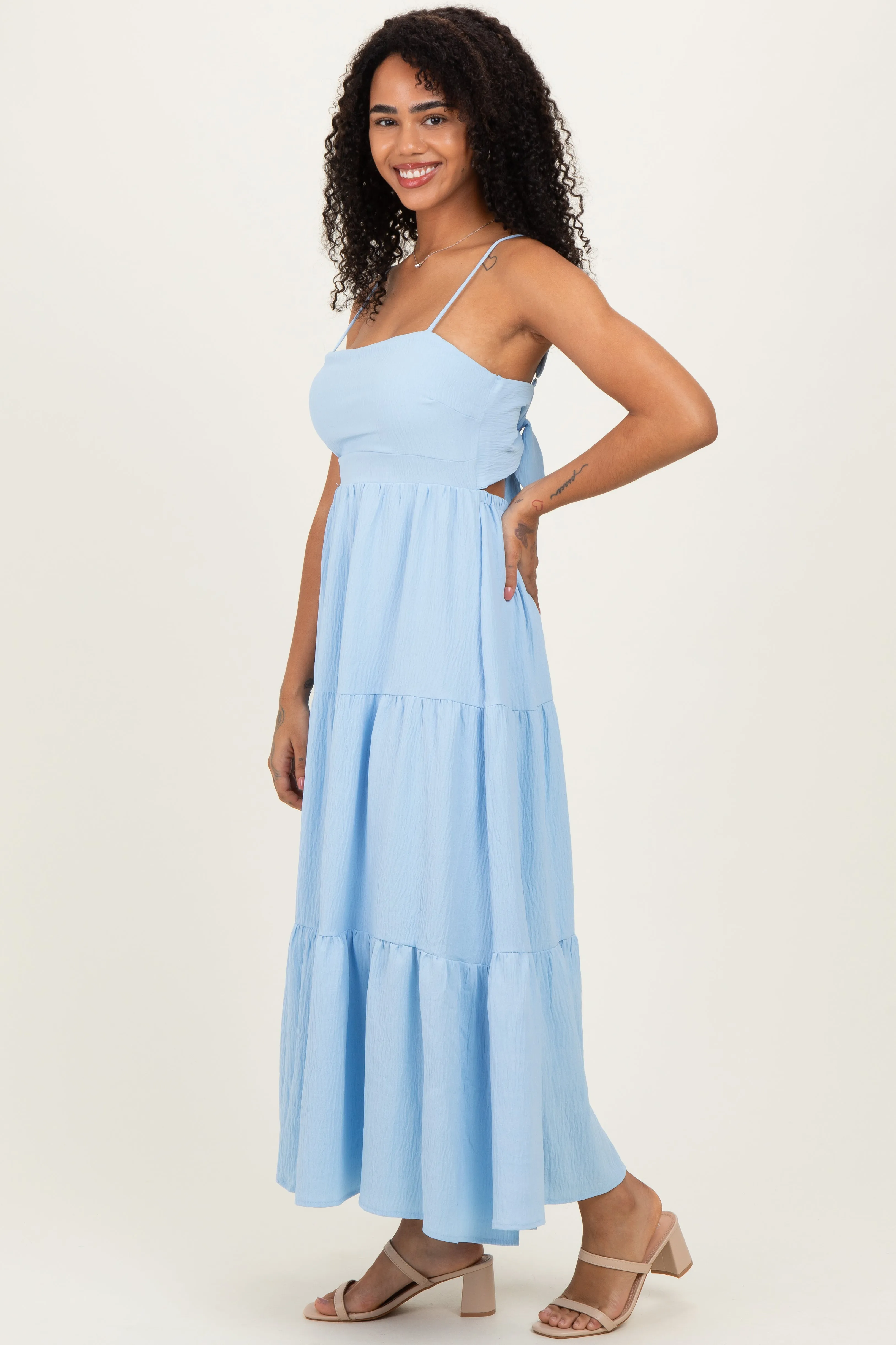 Light Blue Tiered Cutout Tie Back Midi Dress sold by Pinkblush product image thumbnail 3
