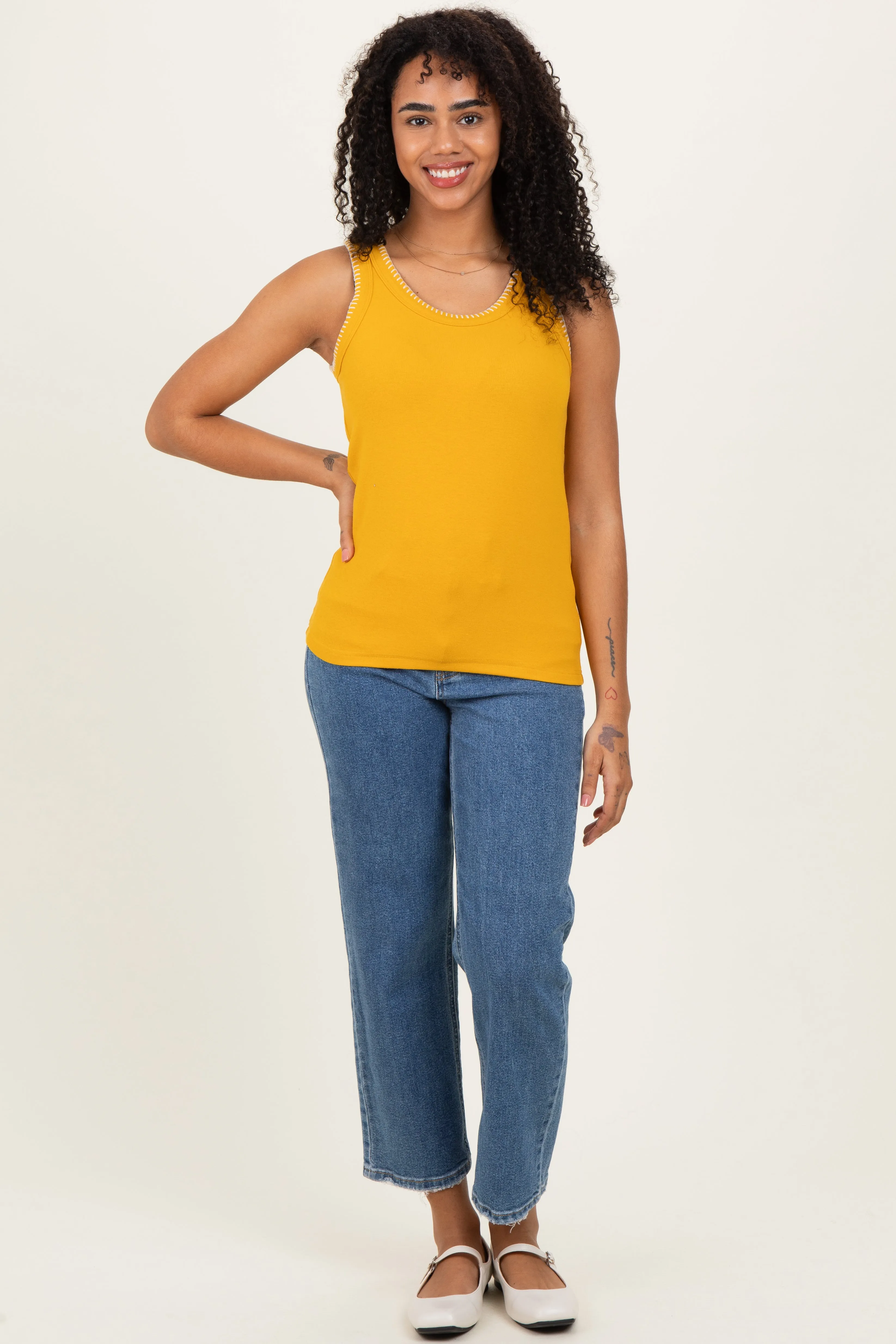 Mustard Brushed Knit Stitch Detail Tank Top sold by Pinkblush product image thumbnail 2