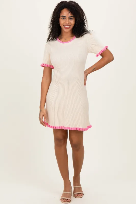 Cream Ribbed Knit Ruffle Trim Mini Dress sold by Pinkblush