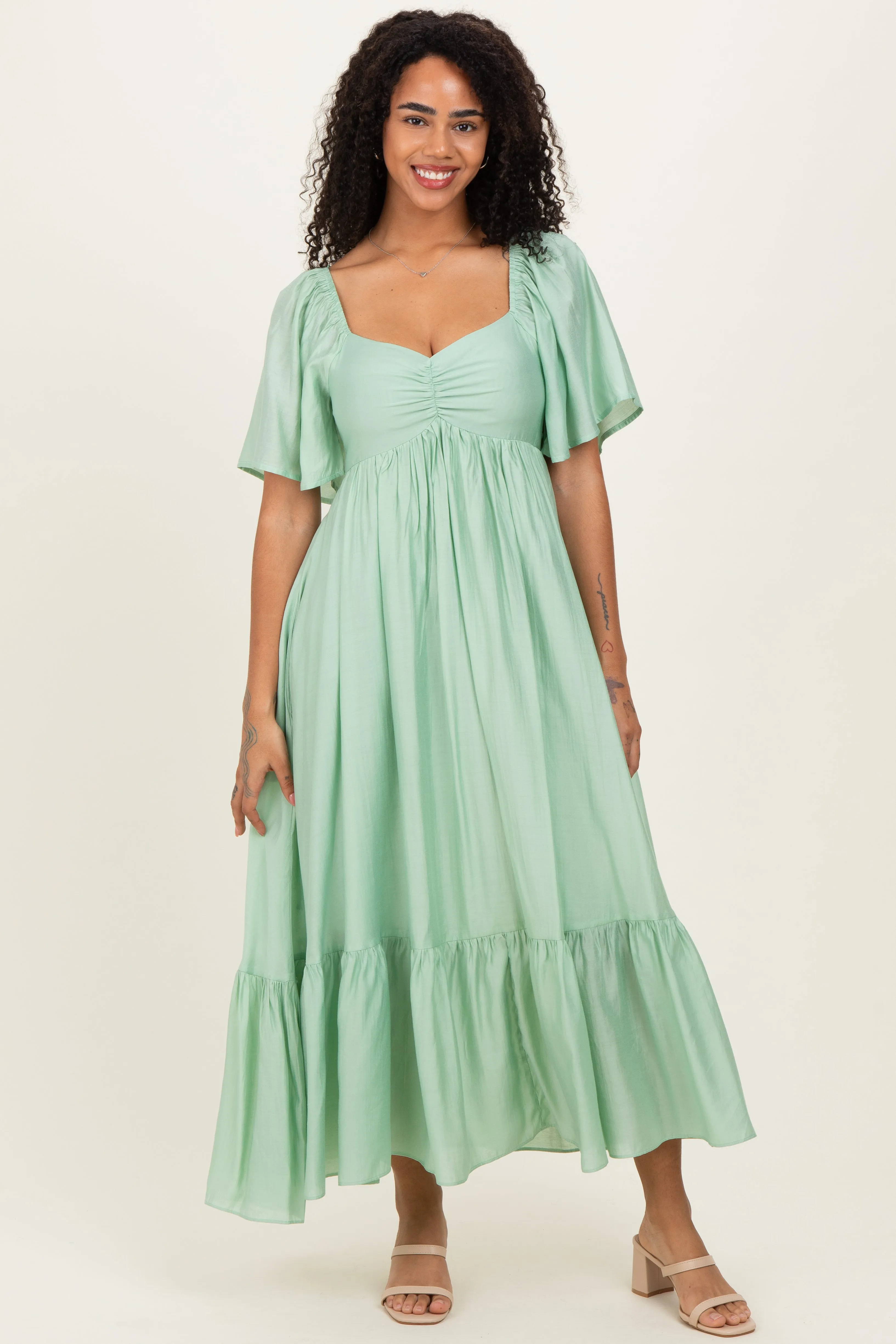 Mint Flutter Sleeve Ruffle Hem Midi Dress sold by Pinkblush
