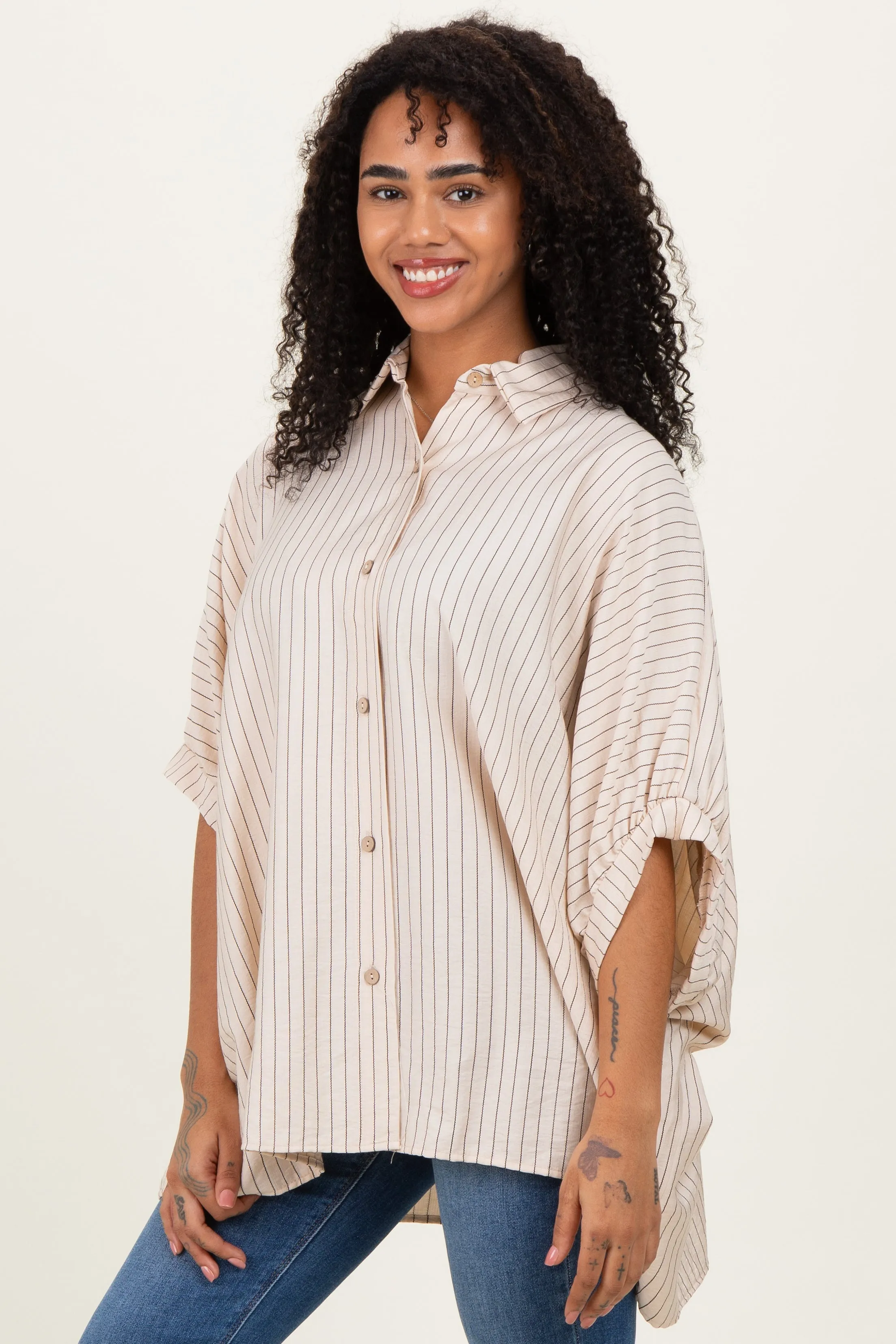 Cream/Black Striped Short Sleeve Collared Button Down Blouse sold by Pinkblush product image thumbnail 3