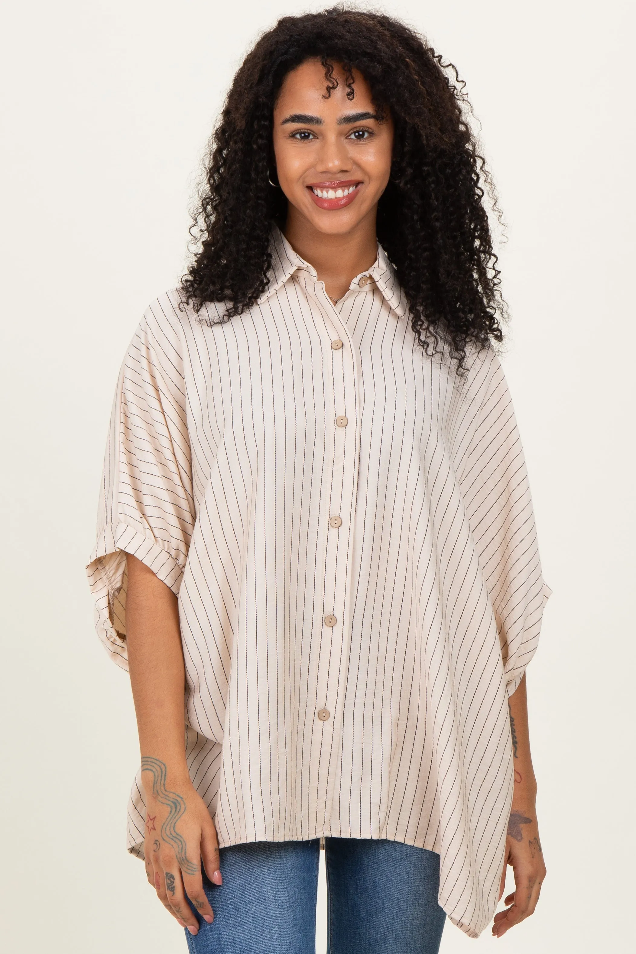 Cream/Black Striped Short Sleeve Collared Button Down Blouse sold by Pinkblush