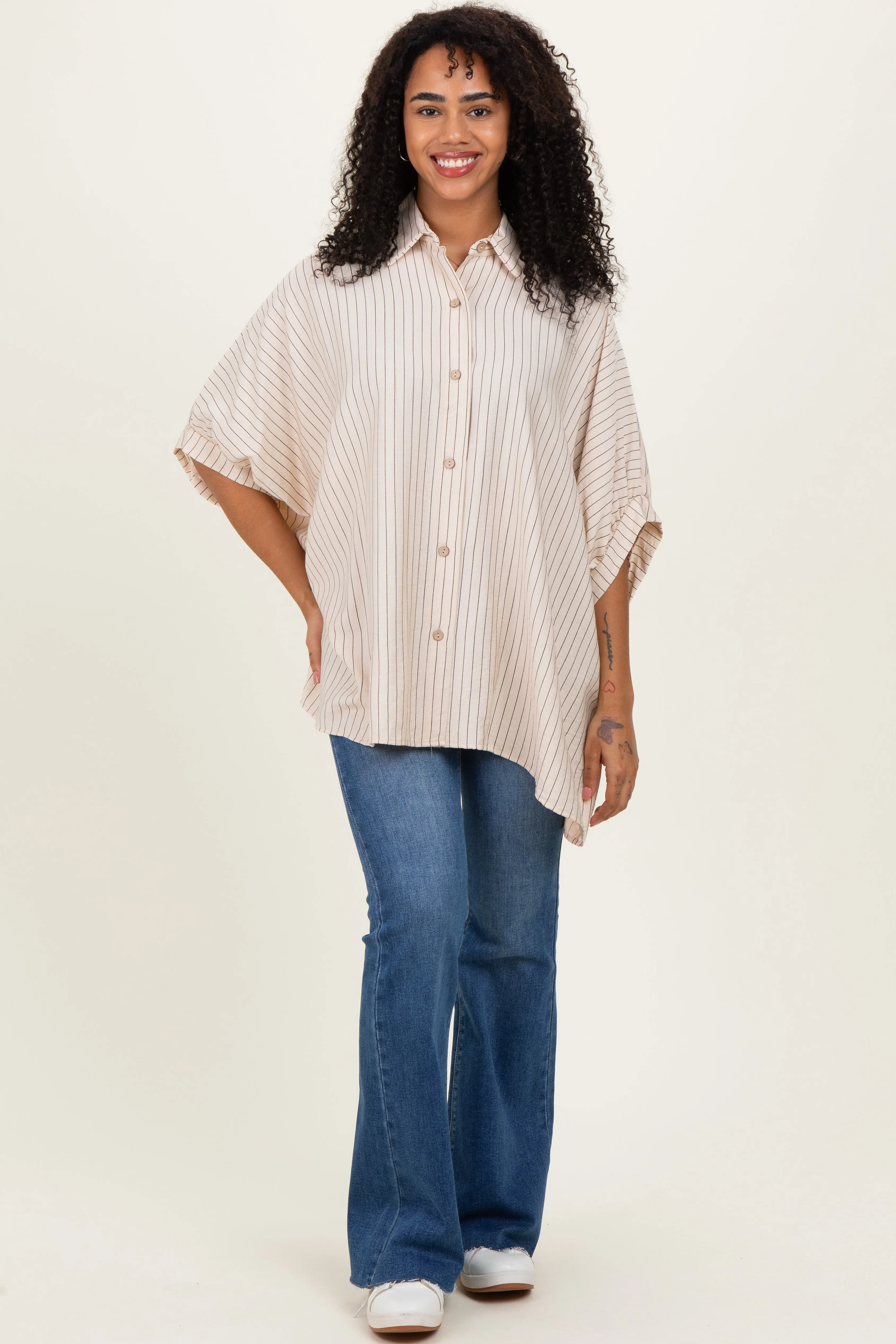 Cream/Black Striped Short Sleeve Collared Button Down Blouse sold by Pinkblush product image thumbnail 2