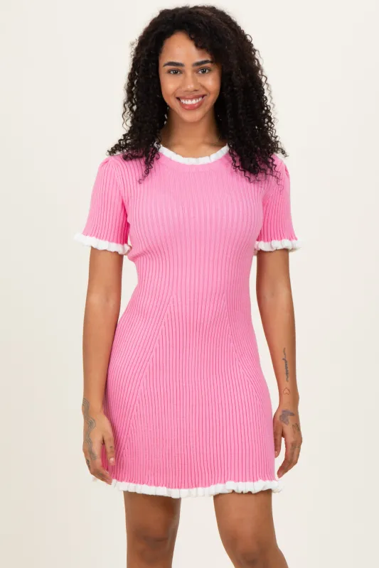 Pink Ribbed Knit Ruffle Trim Mini Dress sold by Pinkblush