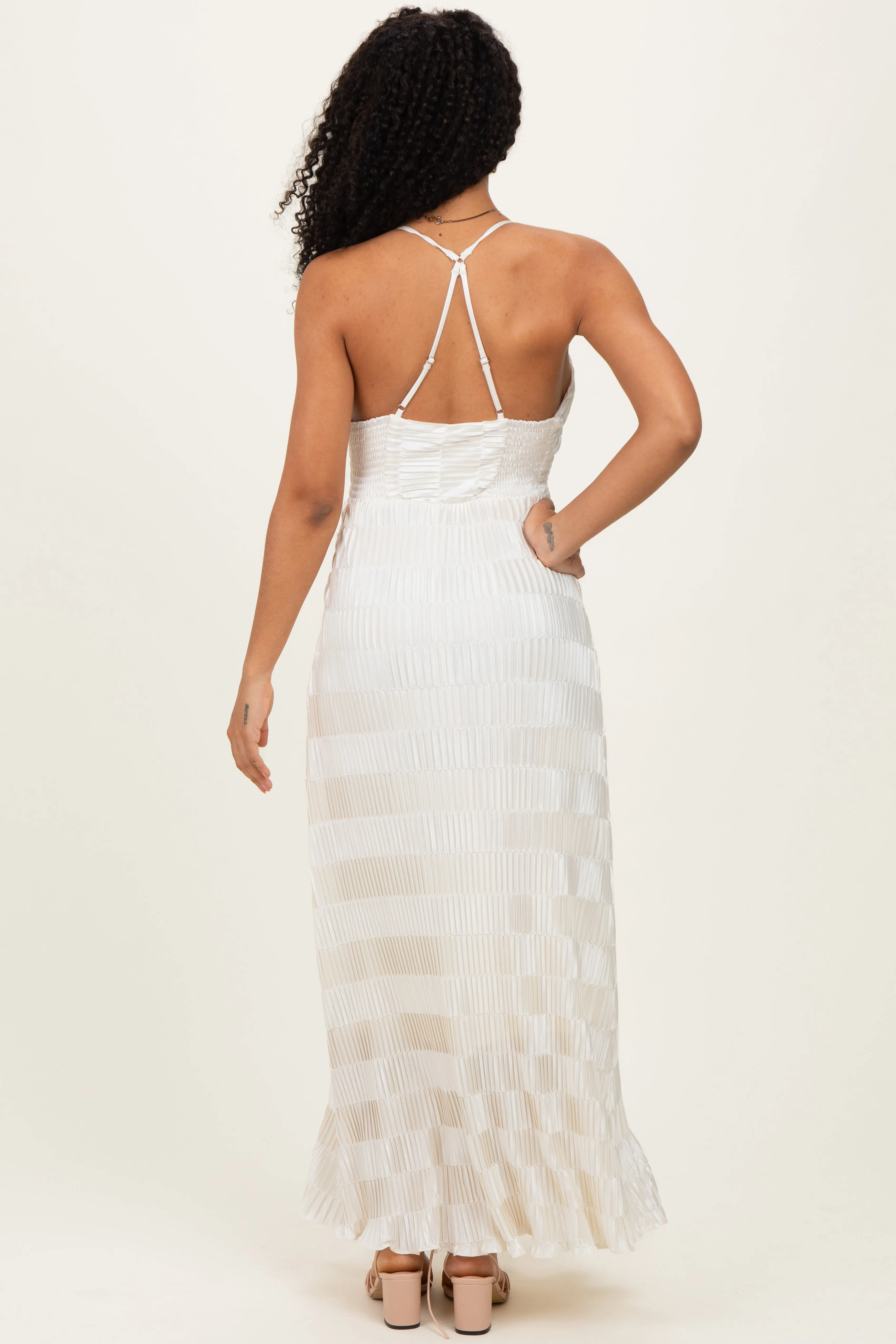 Cream Satin Plisse V-Neck Maxi Dress sold by Pinkblush product image thumbnail 4