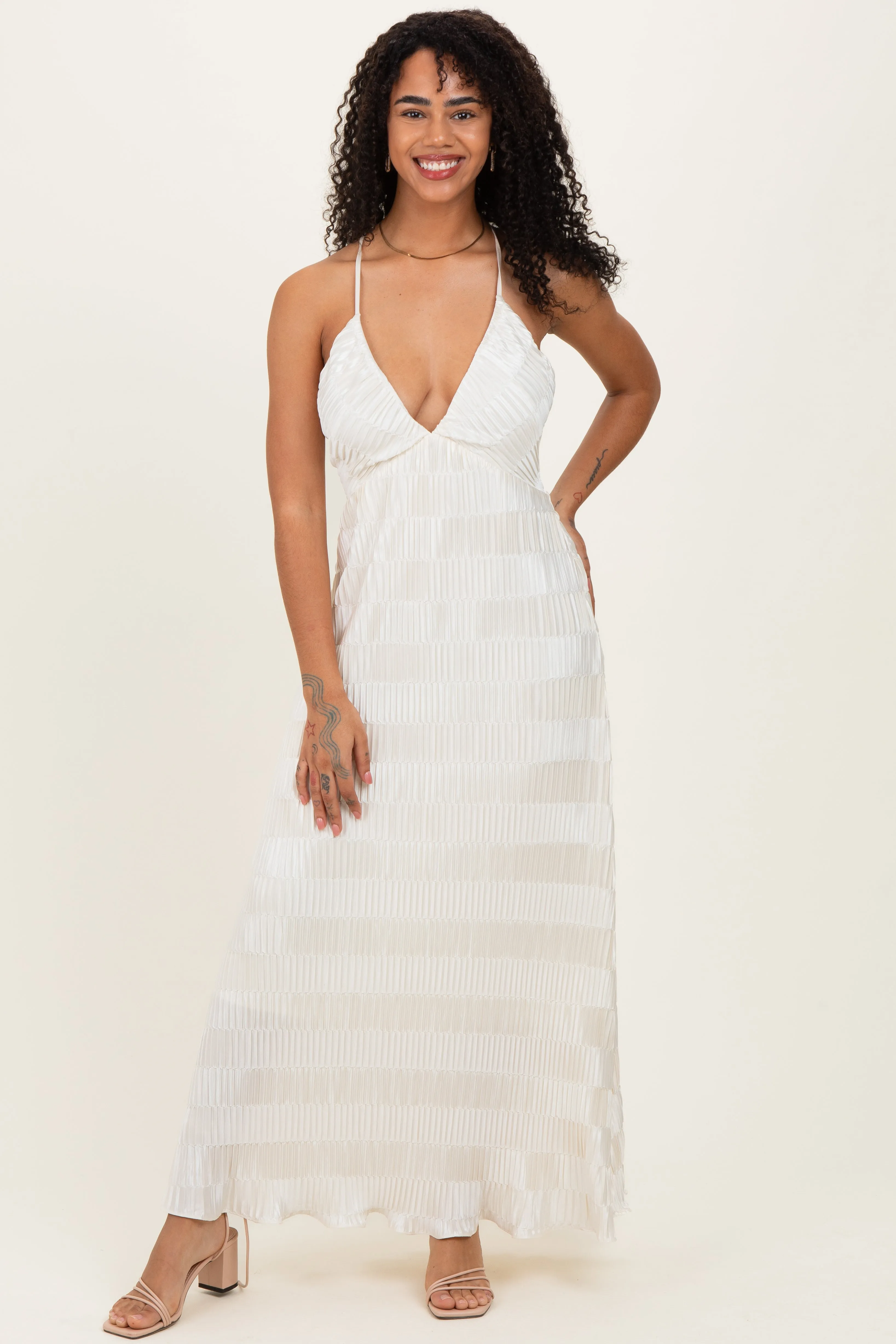 Cream Satin Plisse V-Neck Maxi Dress sold by Pinkblush product image thumbnail 2