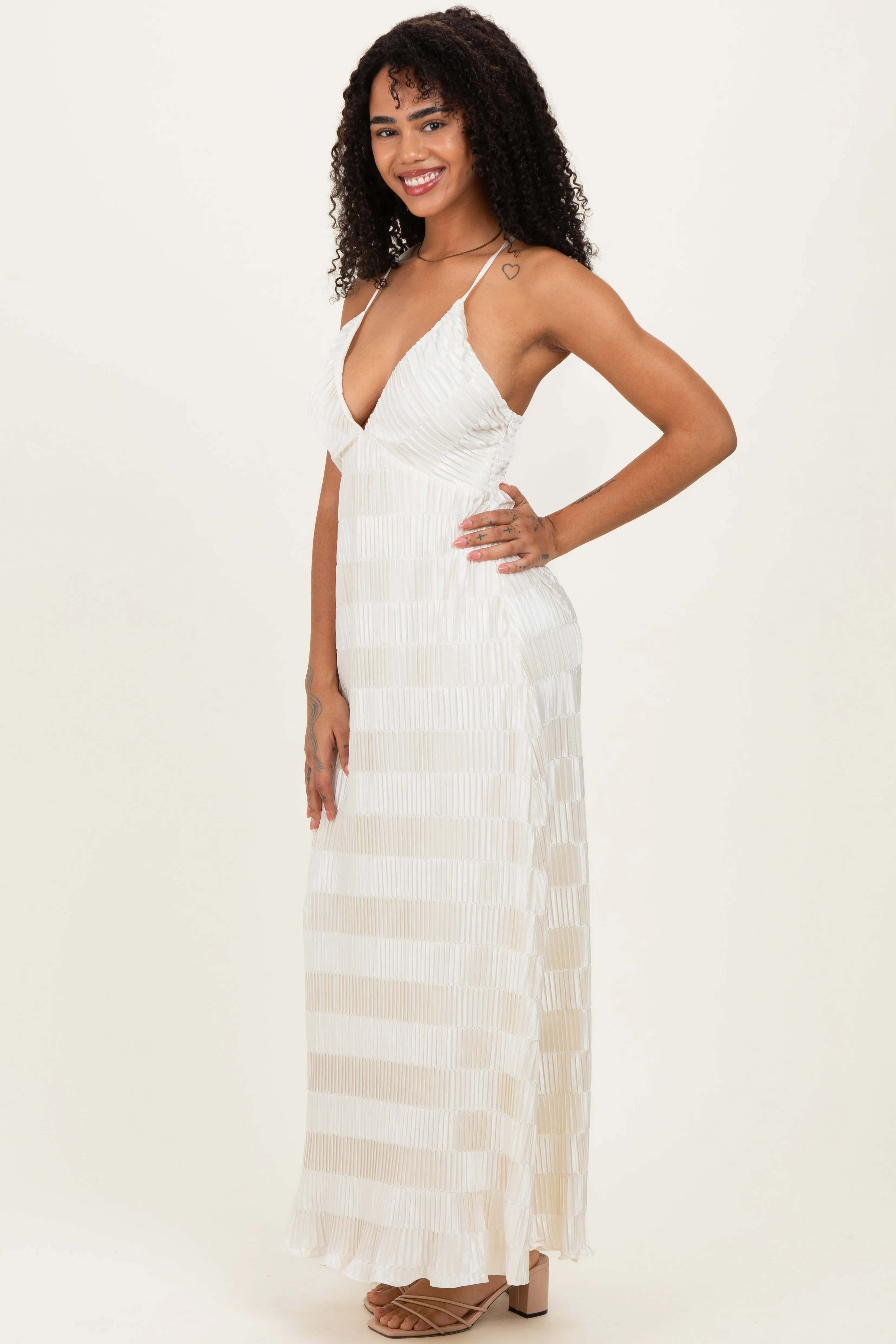 Cream Satin Plisse V-Neck Maxi Dress sold by Pinkblush product image thumbnail 3