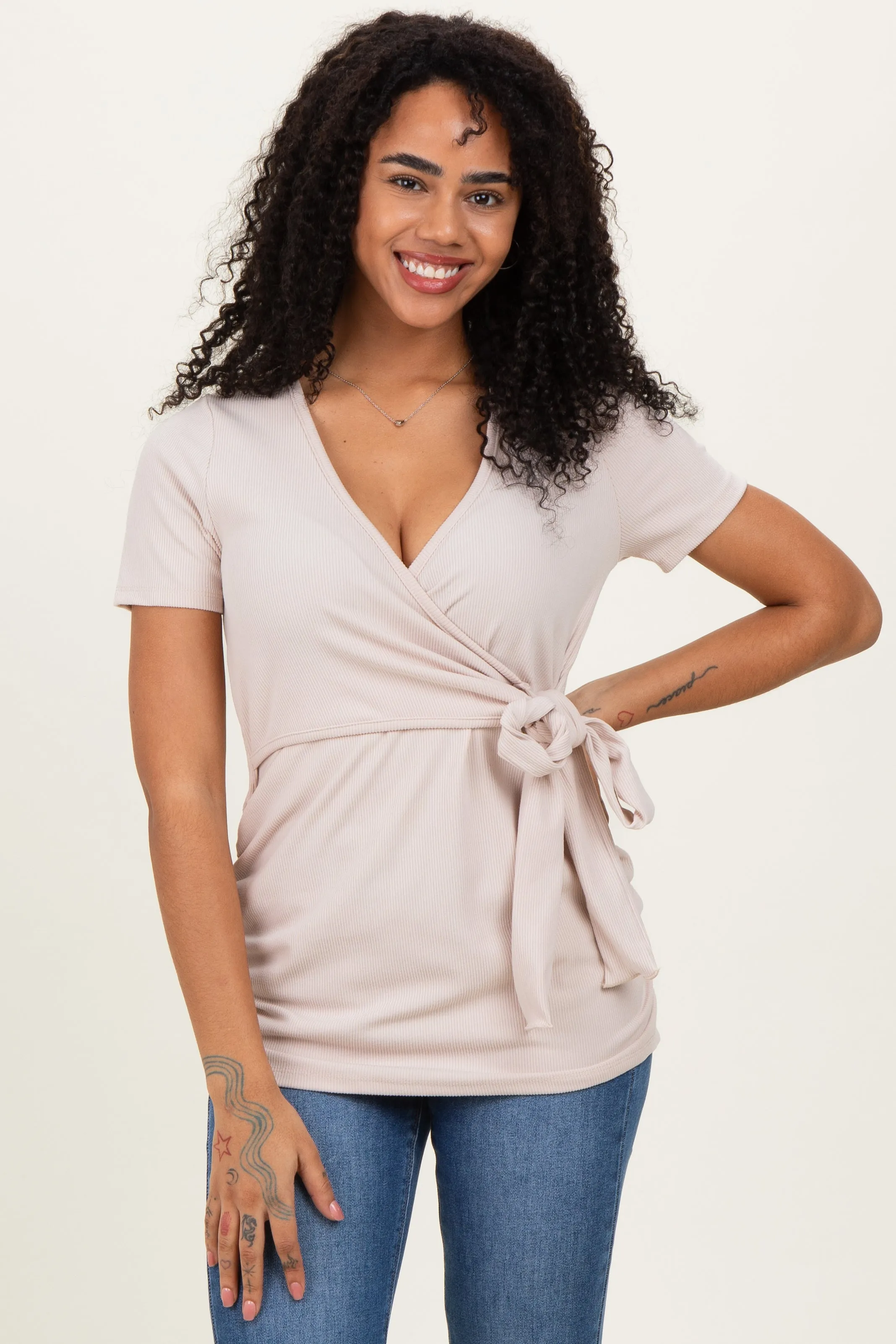 Beige Wrap Front Tie Nursing Top sold by Pinkblush product image thumbnail 2