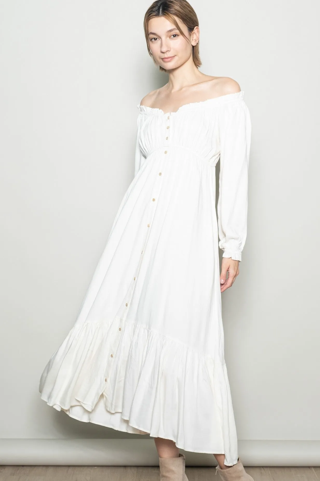 White Off Shoulder Button Accent Maxi Dress sold by Pinkblush product image thumbnail 2
