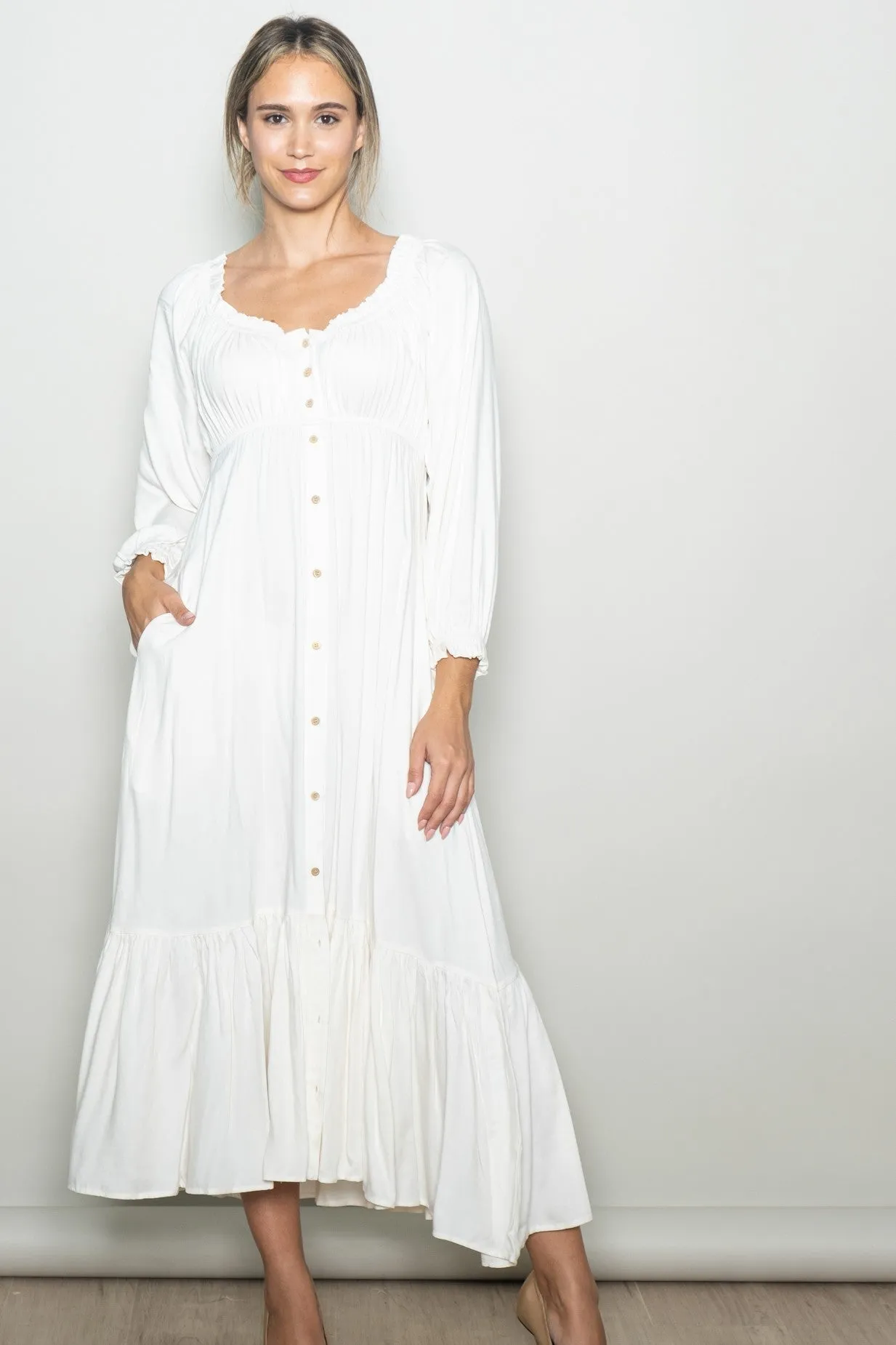 White Off Shoulder Button Accent Maxi Dress sold by Pinkblush