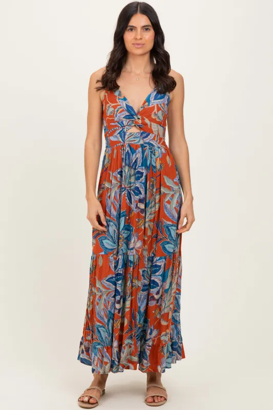 Cinnamon Floral Twist Front Cutout Maxi Dress made by Angie
