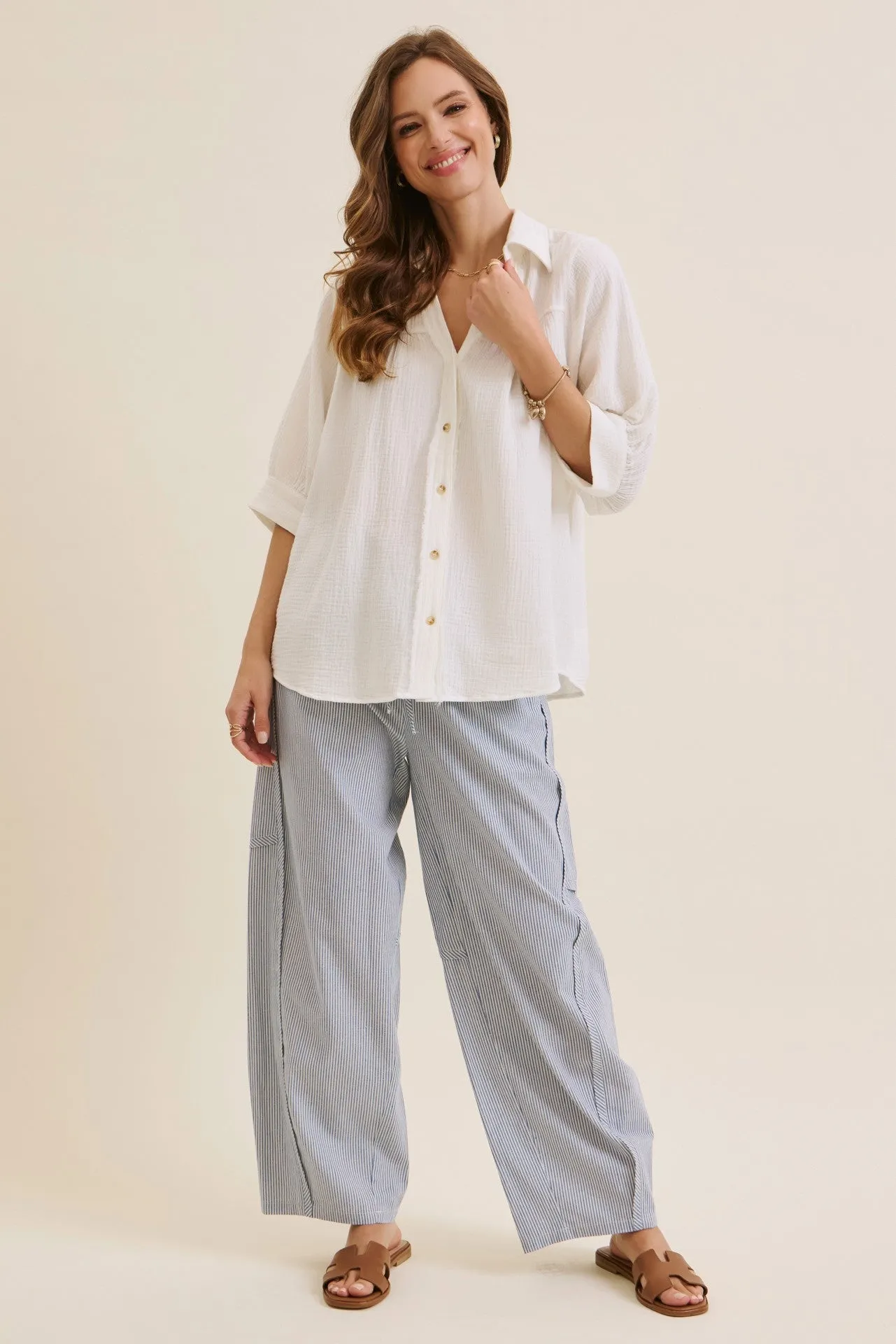 Ocean Blue Striped Cotton Barrel Leg Pants sold by Pinkblush product image thumbnail 2