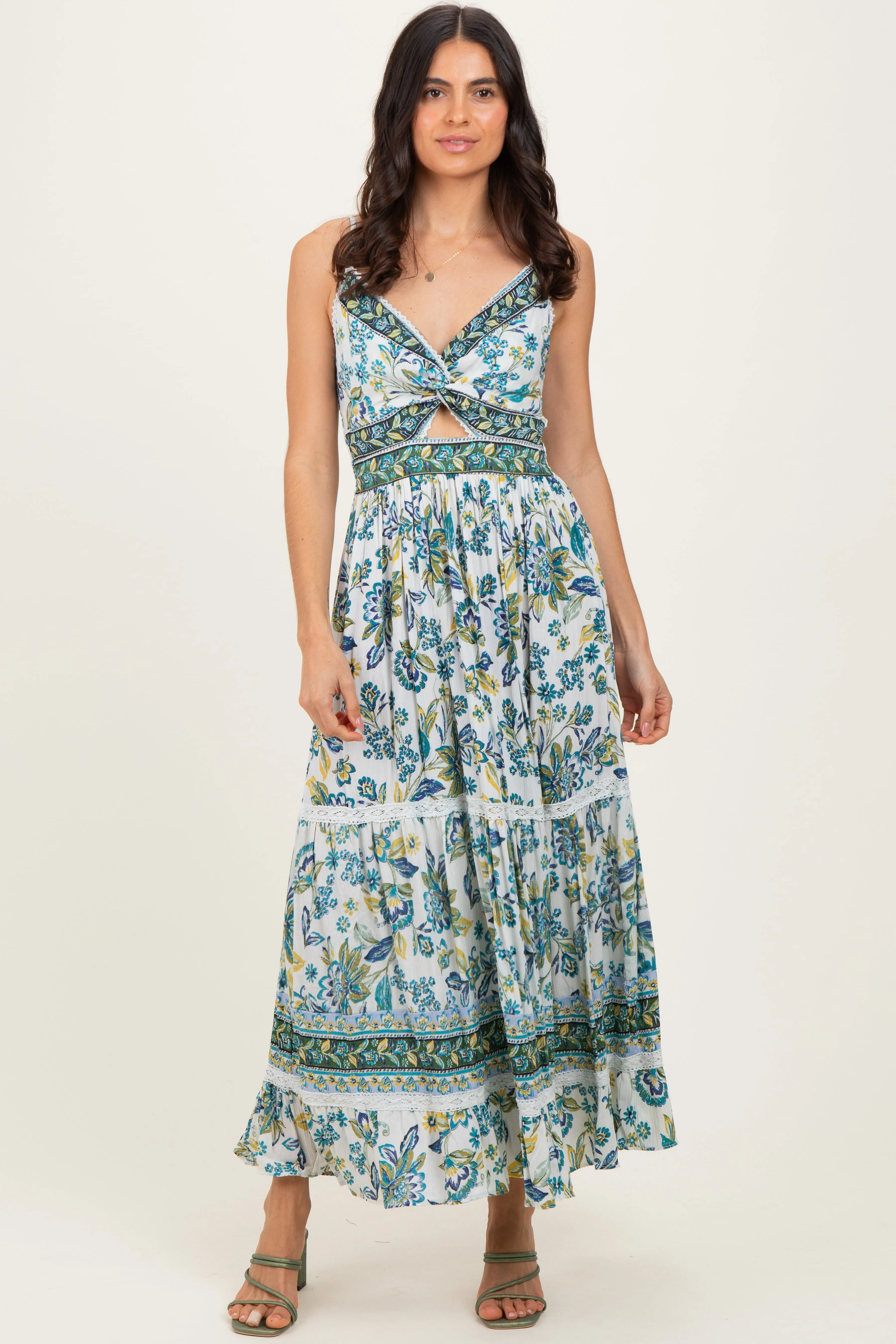 Ivory Floral Twisted Front Lace Detail Maxi Dress sold by Pinkblush product image thumbnail 2