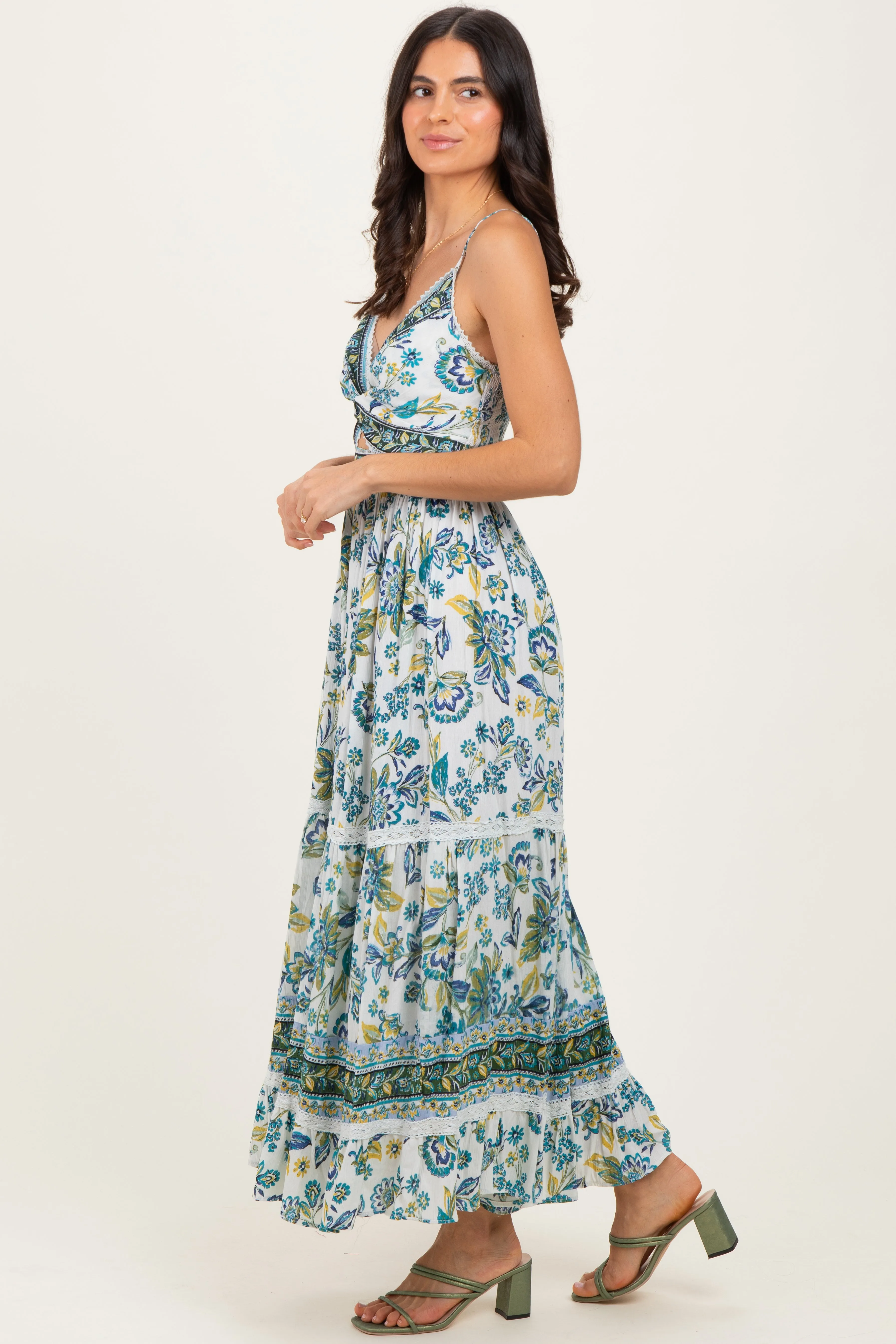 Ivory Floral Twisted Front Lace Detail Maxi Dress sold by Pinkblush product image thumbnail 3