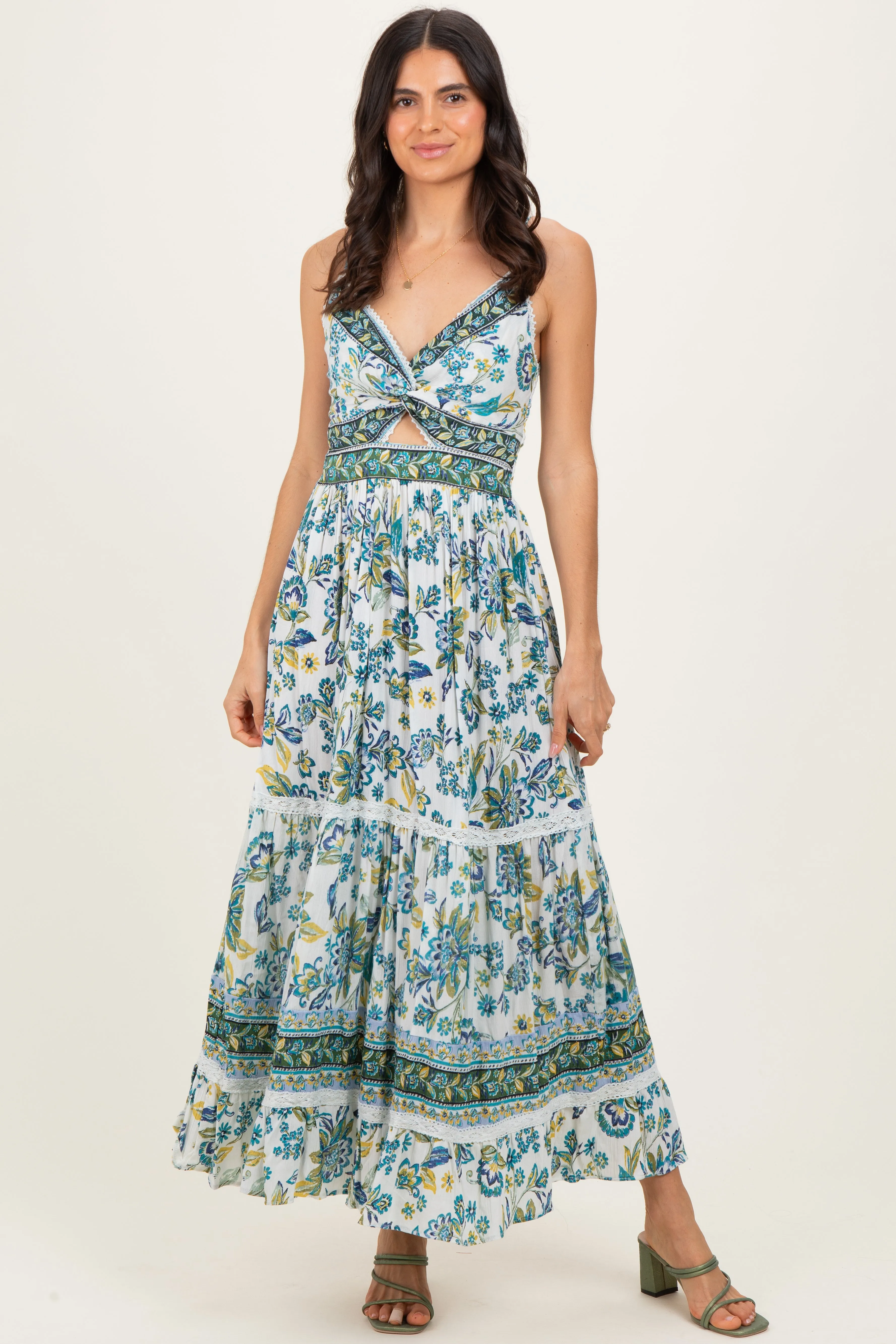 Ivory Floral Twisted Front Lace Detail Maxi Dress sold by Pinkblush