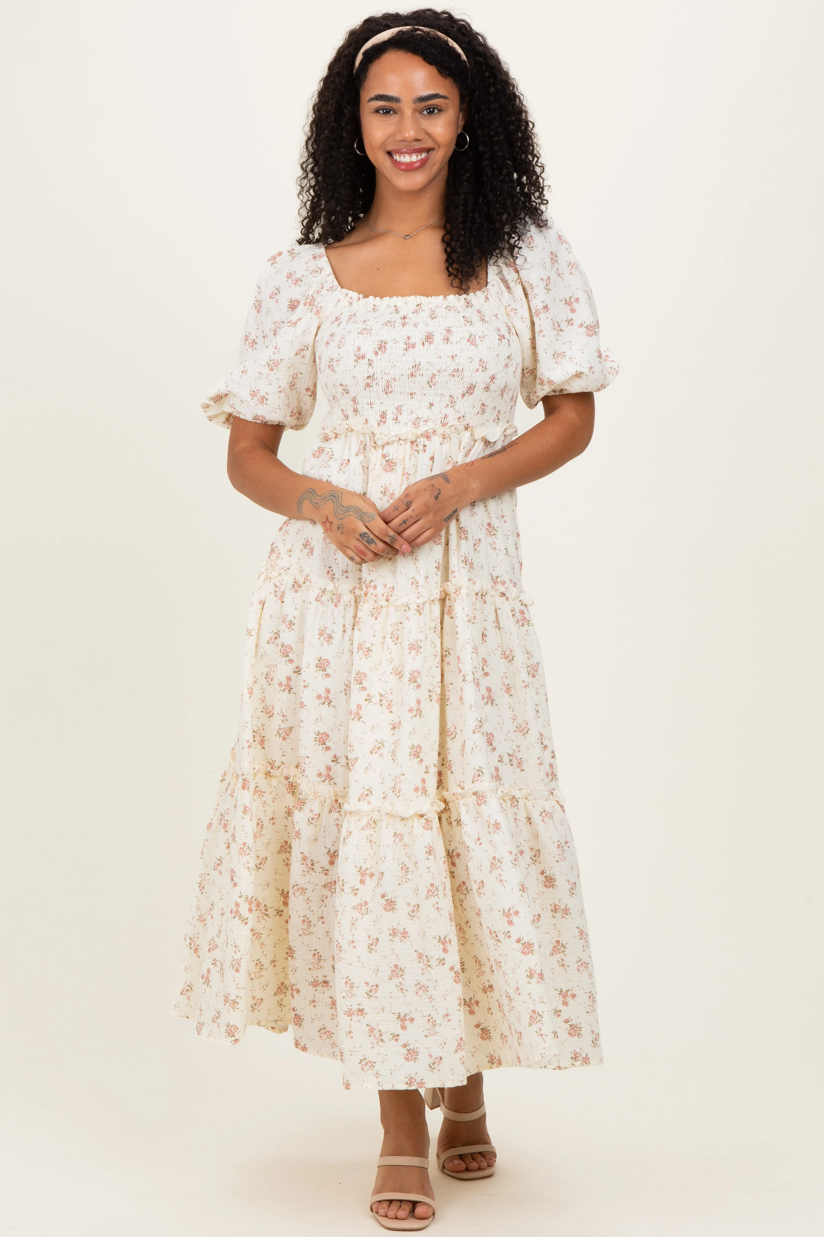 Ivory Rose Floral Smocked Maxi Dress sold by Pinkblush