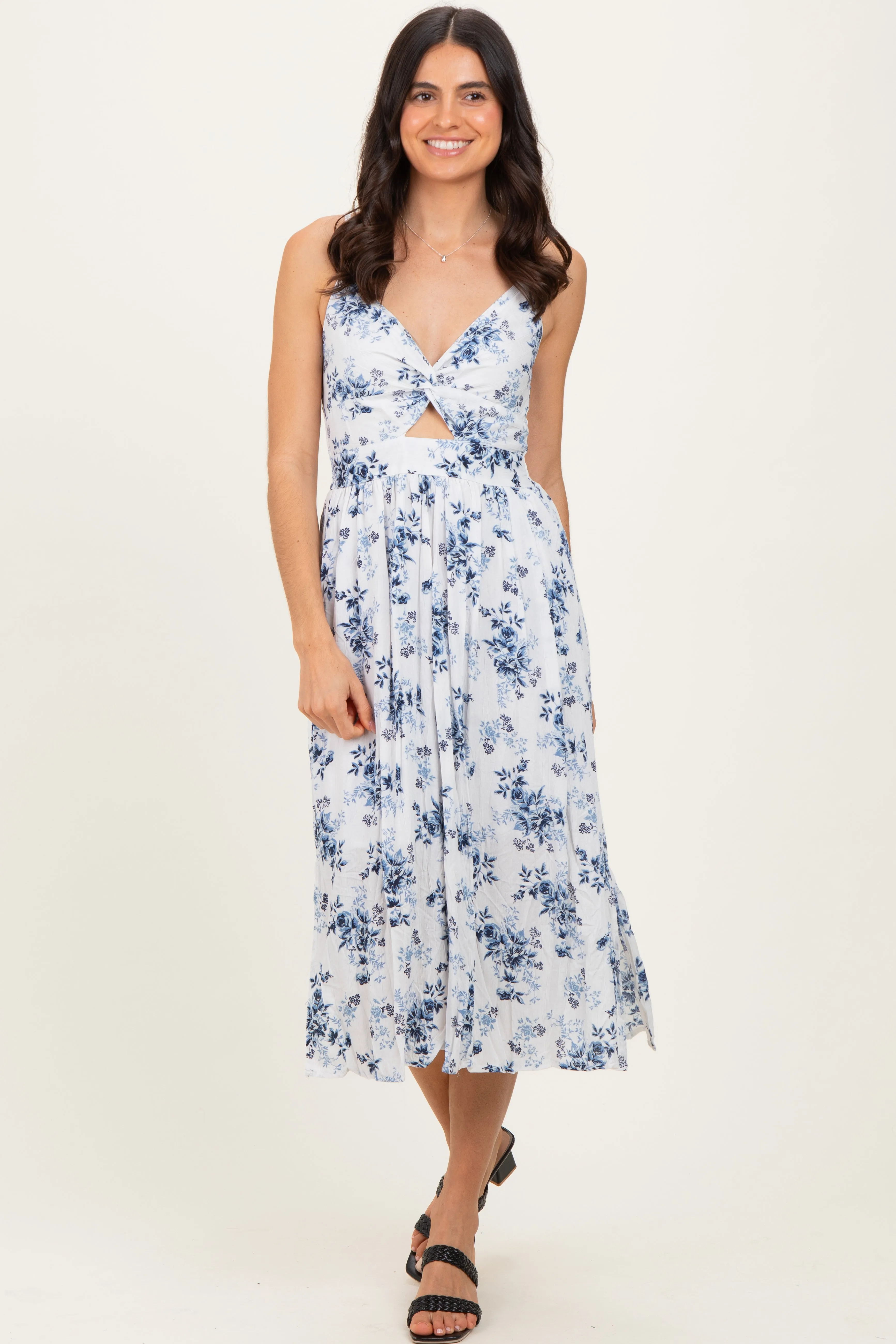 White Blue Floral Twisted Front Midi Dress sold by Pinkblush