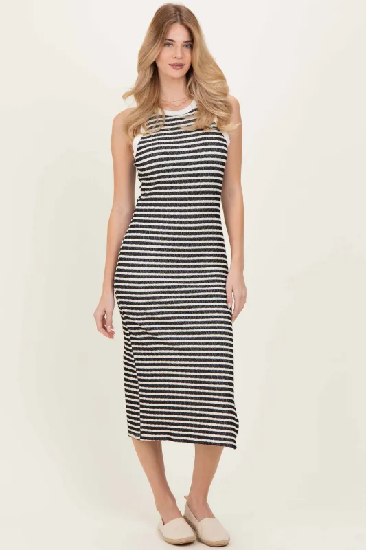 Black Striped Knit Side Slit Tank Dress sold by Pinkblush