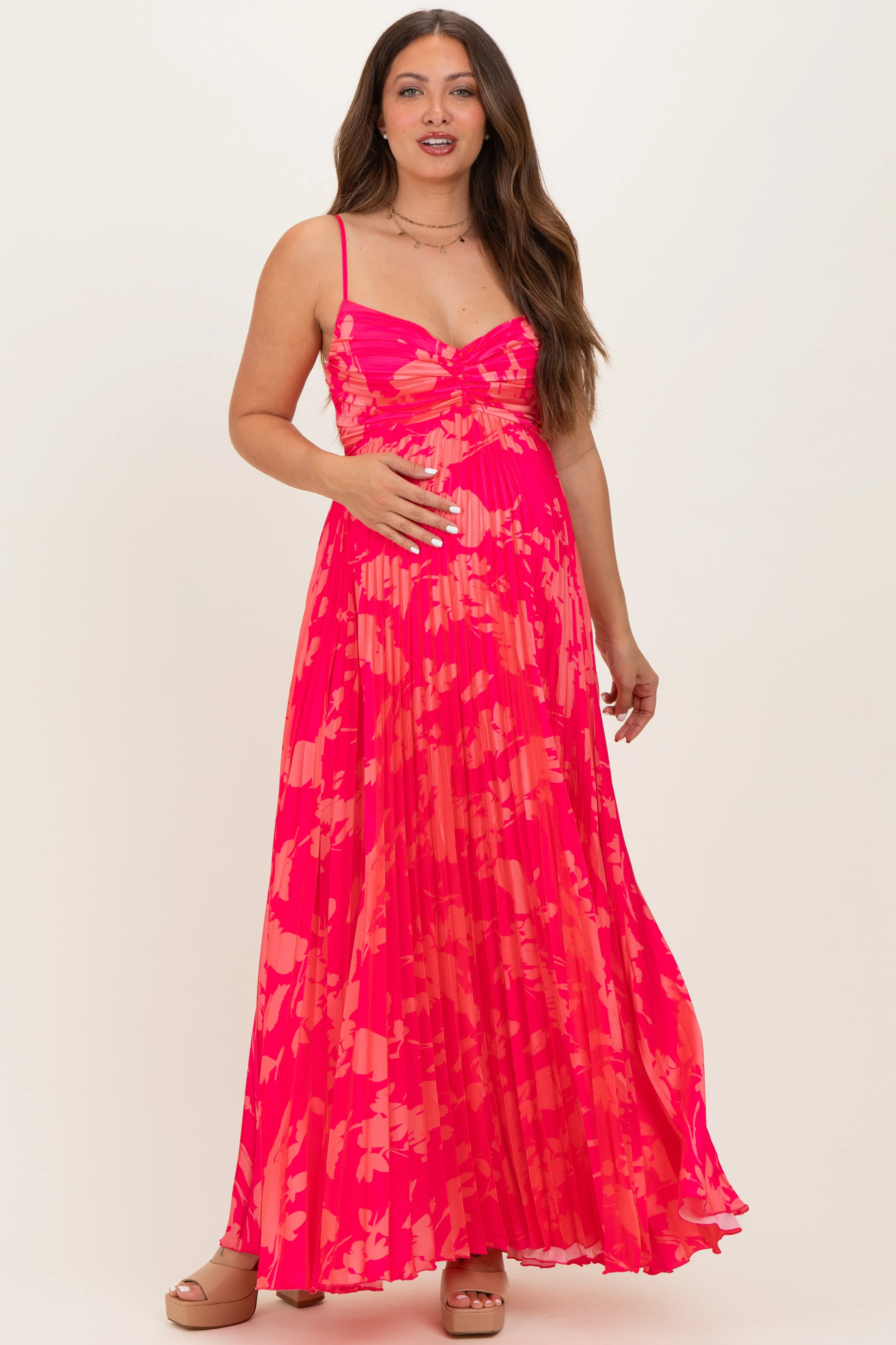 Fuchsia Floral Pleated Satin Maternity Maxi Dress sold by Pinkblush product image thumbnail 2