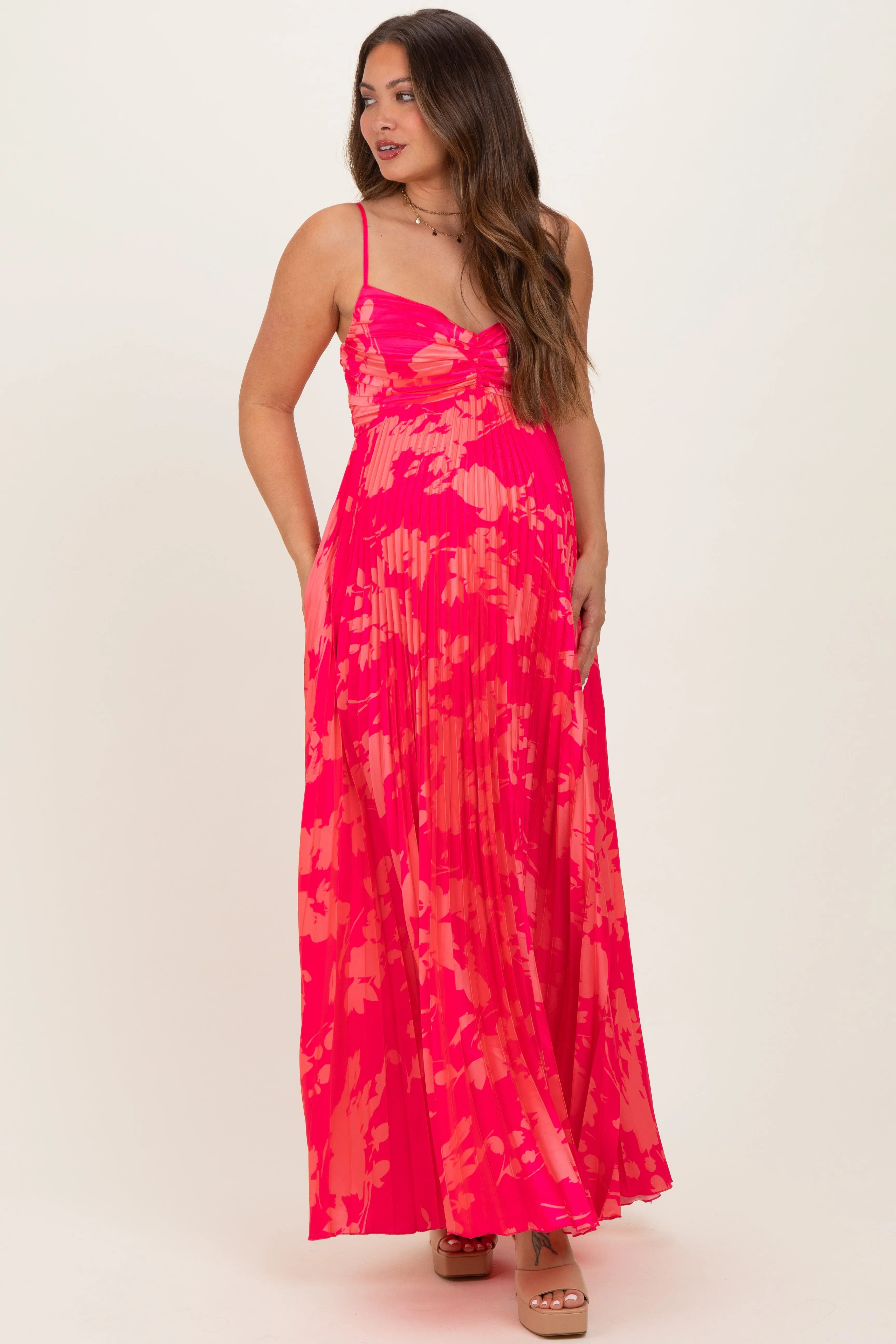 Fuchsia Floral Pleated Satin Maternity Maxi Dress sold by Pinkblush product image thumbnail 3