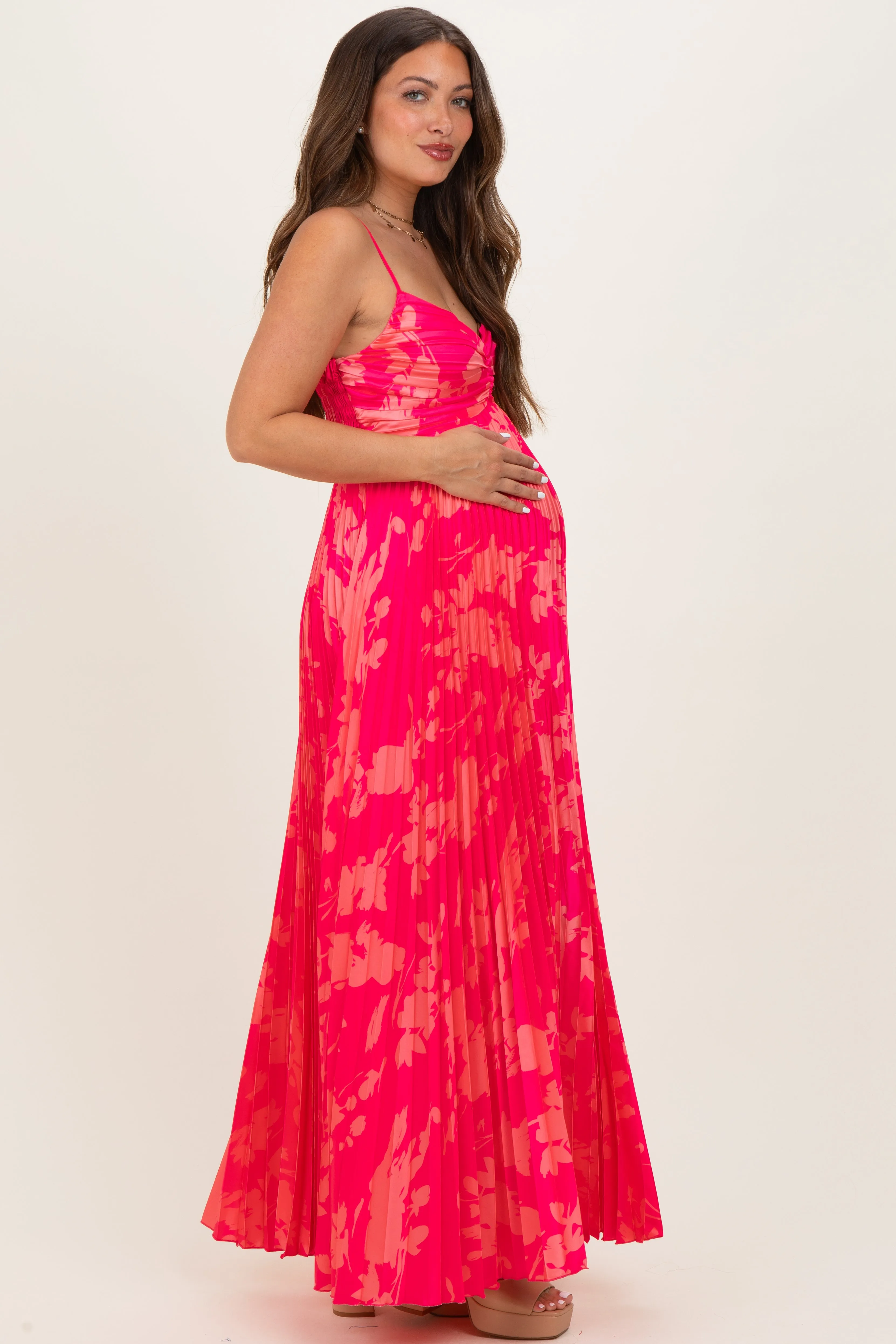 Fuchsia Floral Pleated Satin Maternity Maxi Dress sold by Pinkblush product image thumbnail 4