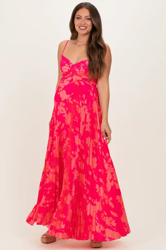Fuchsia Floral Pleated Satin Maternity Maxi Dress sold by Pinkblush