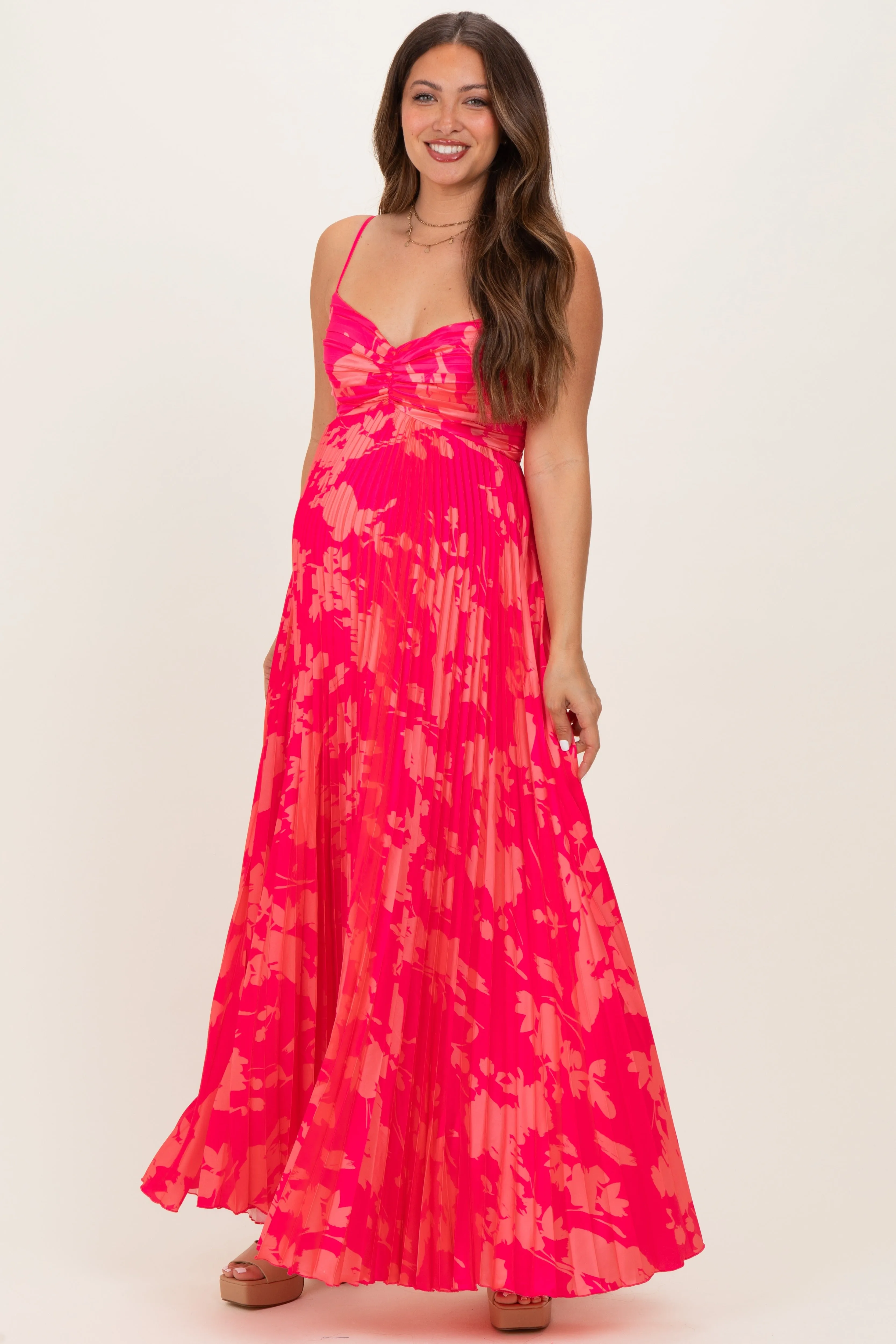 Fuchsia Floral Pleated Satin Maternity Maxi Dress sold by Pinkblush