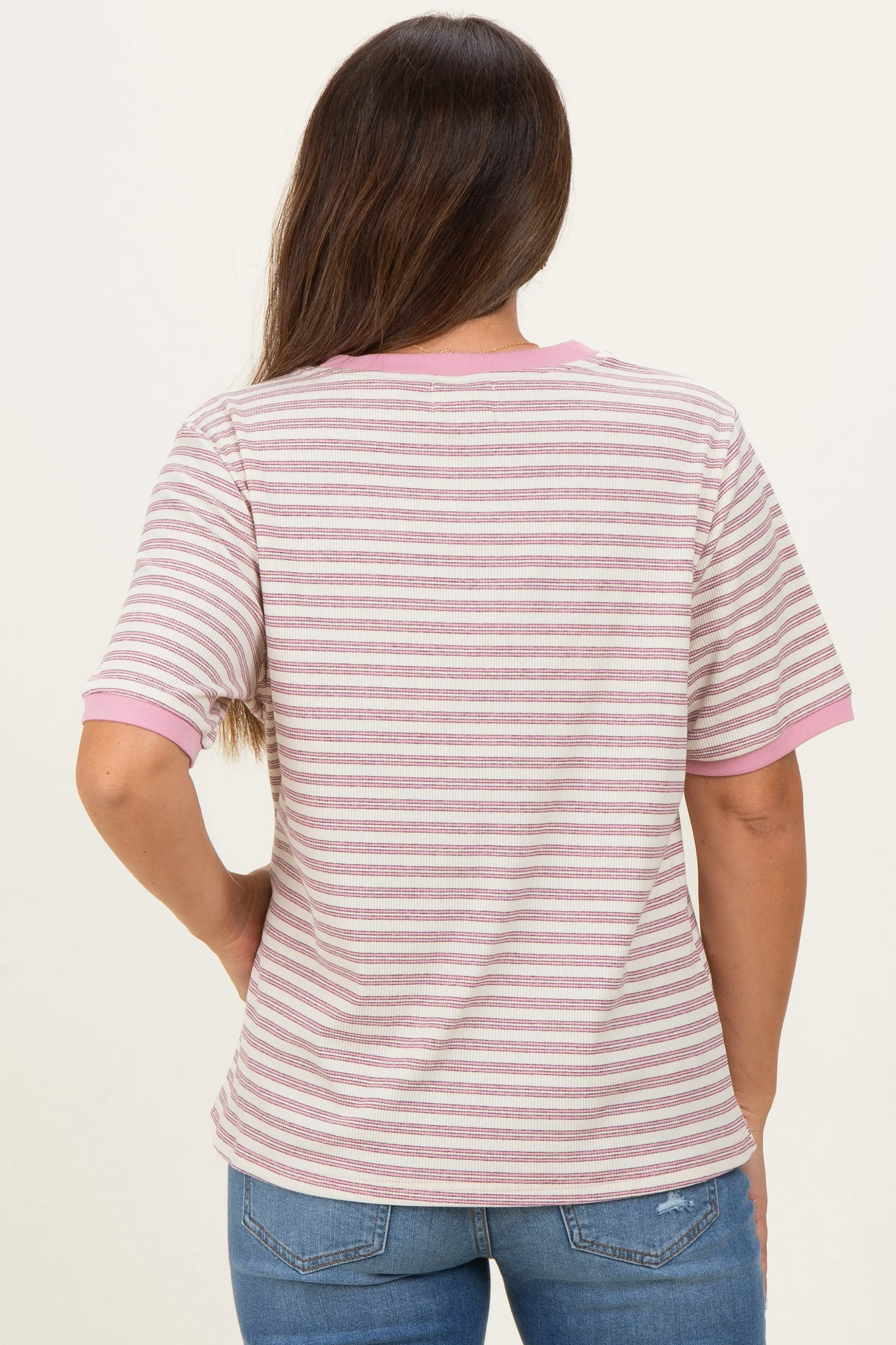 Light Pink Striped Short Sleeve Maternity T-Shirt sold by Pinkblush product image thumbnail 4