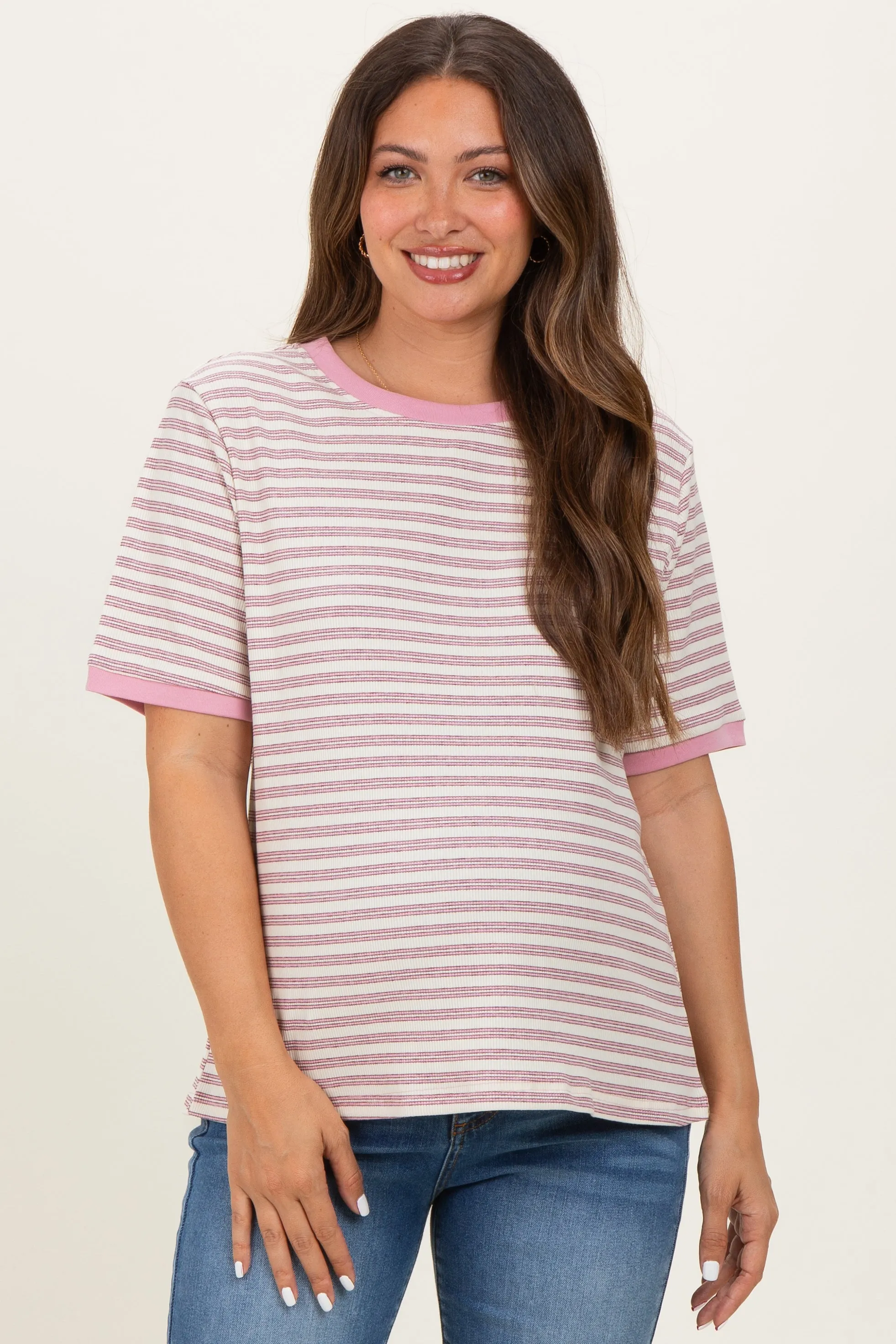 Light Pink Striped Short Sleeve Maternity T-Shirt sold by Pinkblush