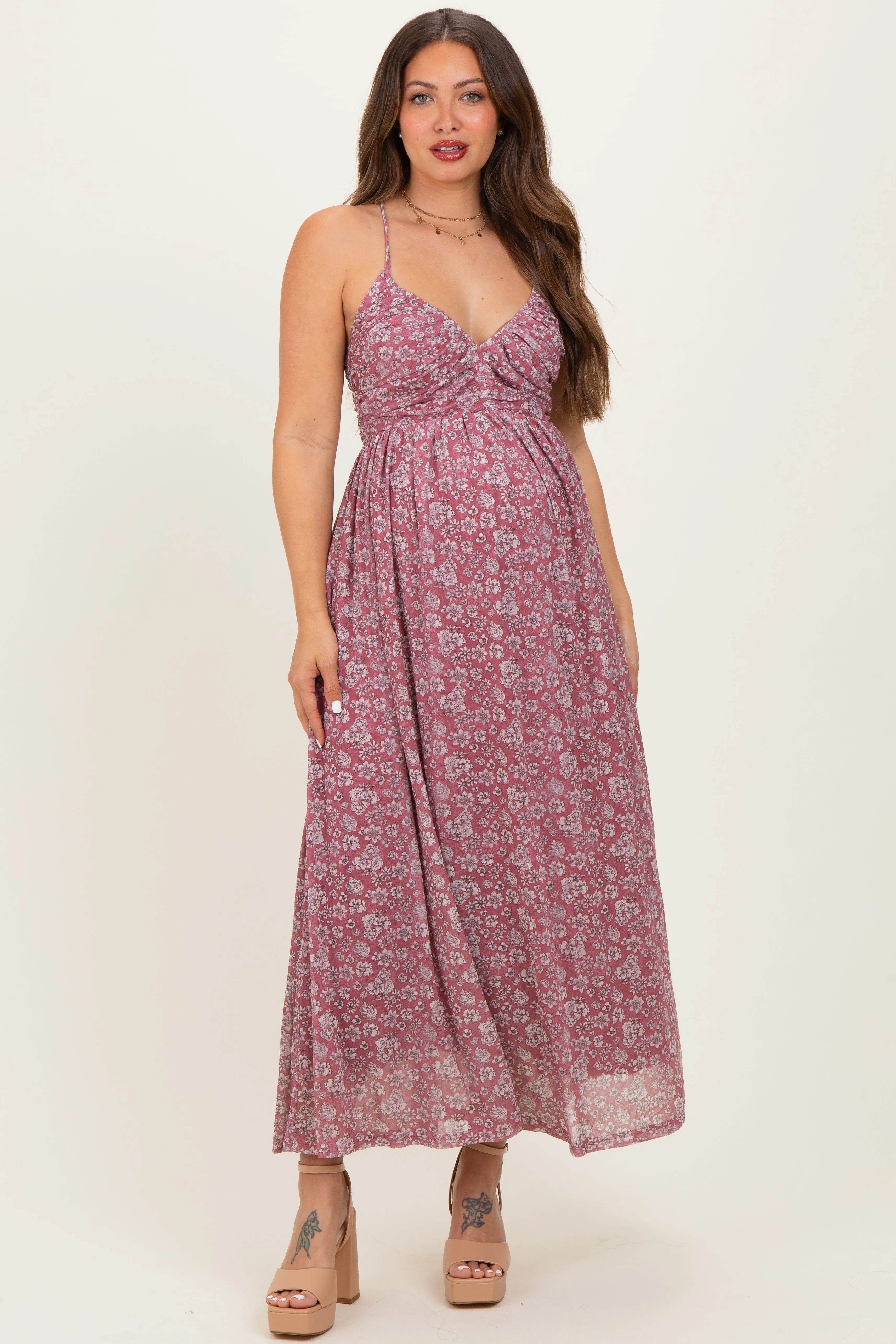 Mauve Criss-Cross Back Mesh Maternity Dress sold by Pinkblush product image thumbnail 2