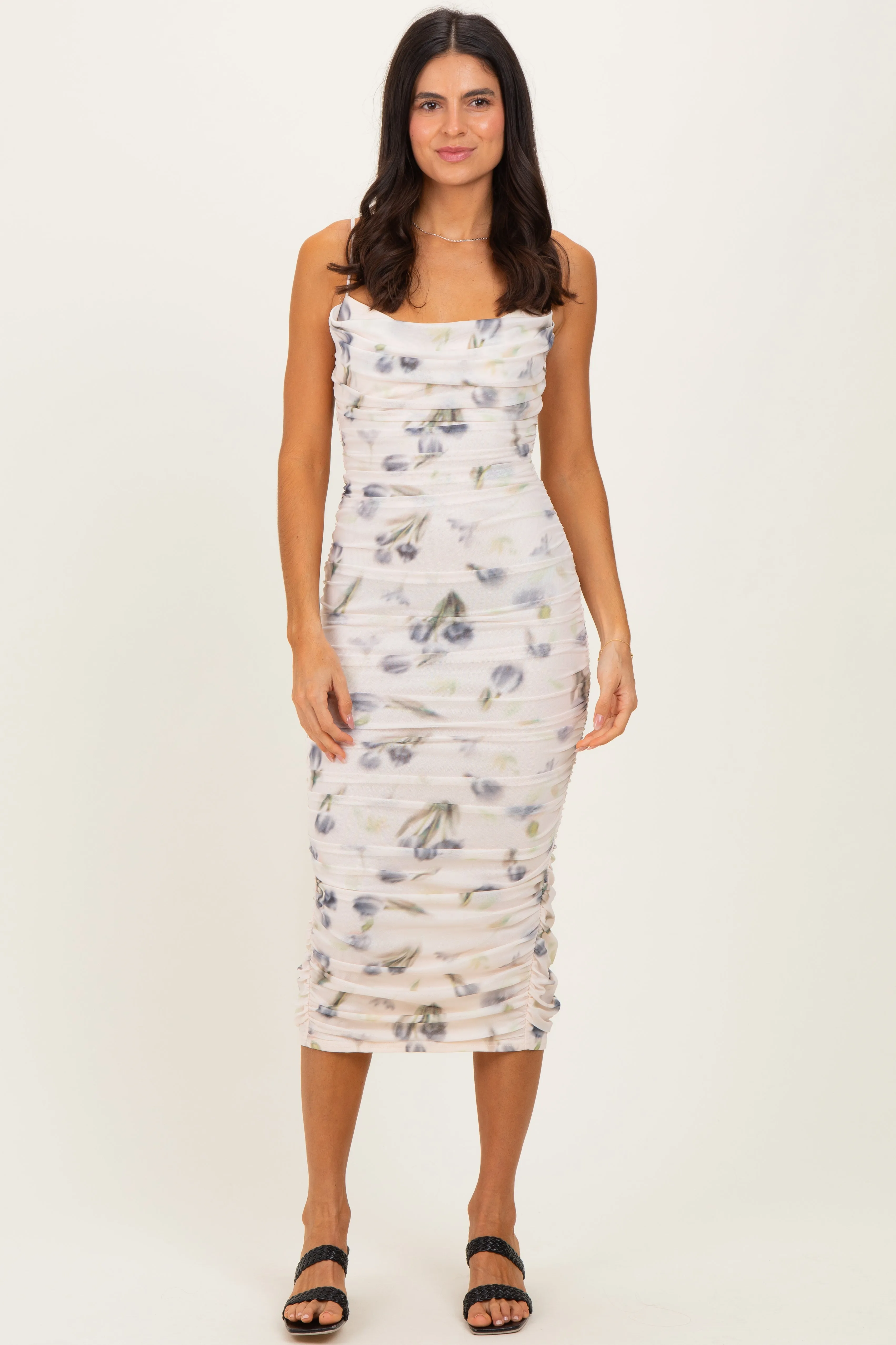 Cream Floral Mesh Ruched Midi Dress sold by Pinkblush product image thumbnail 3