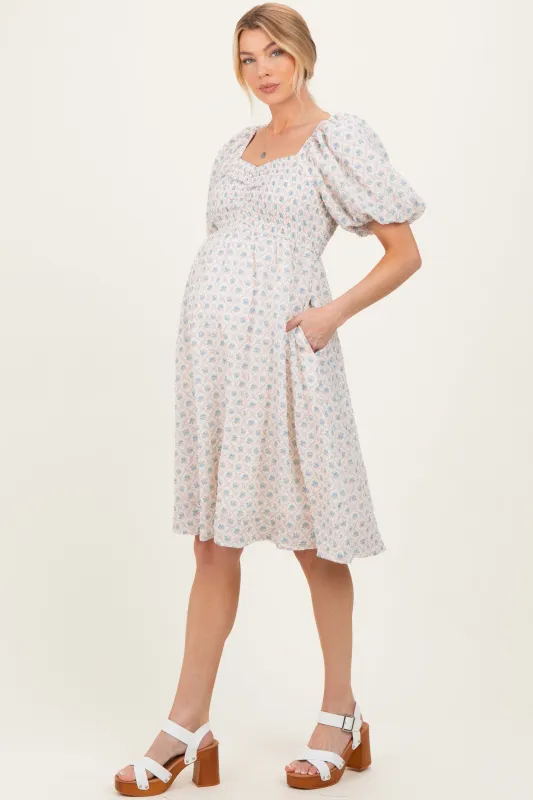 Pink Floral Square Neck Puff Sleeve Maternity Midi Dress sold by Pinkblush