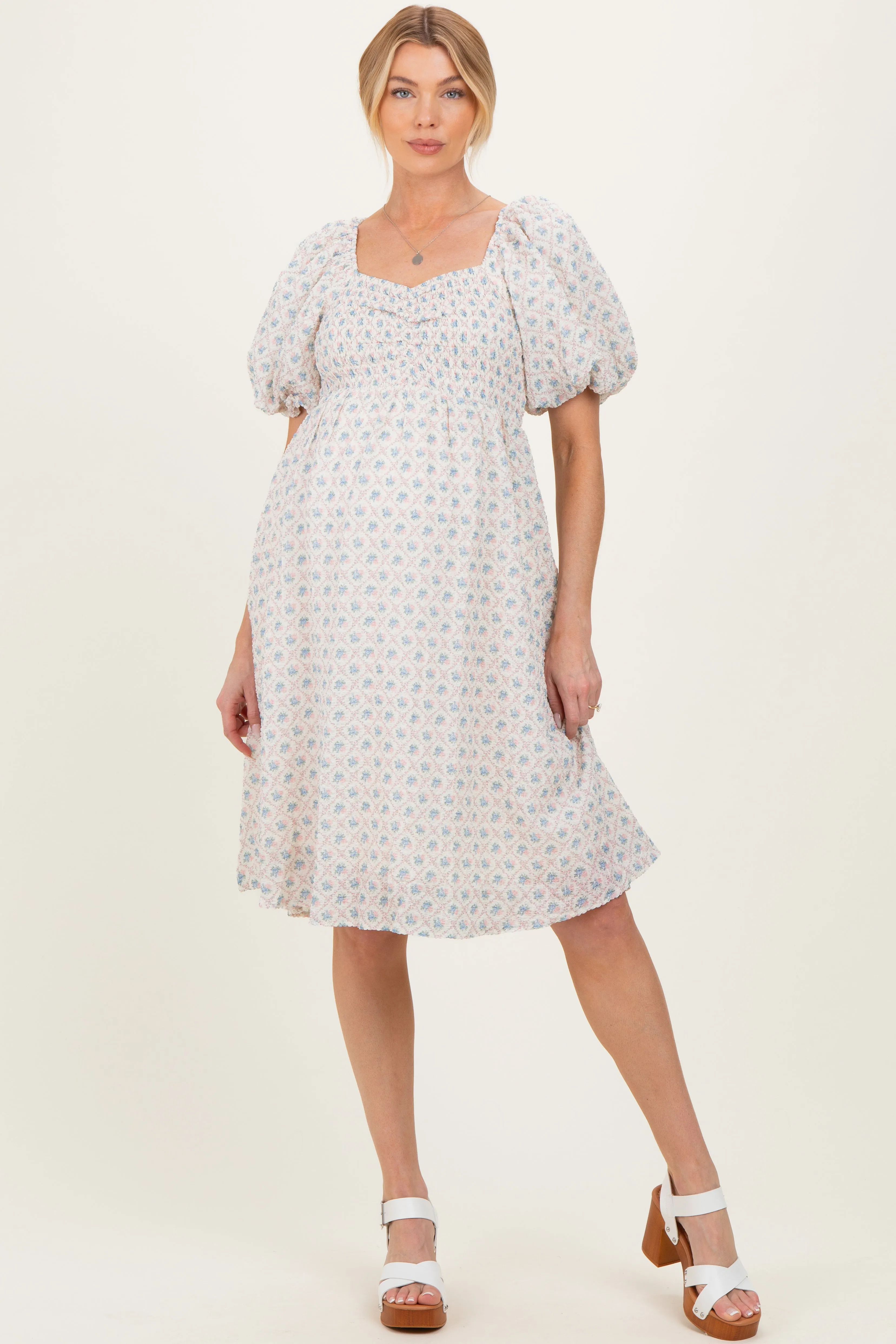 Pink Floral Square Neck Puff Sleeve Maternity Midi Dress sold by Pinkblush product image thumbnail 2