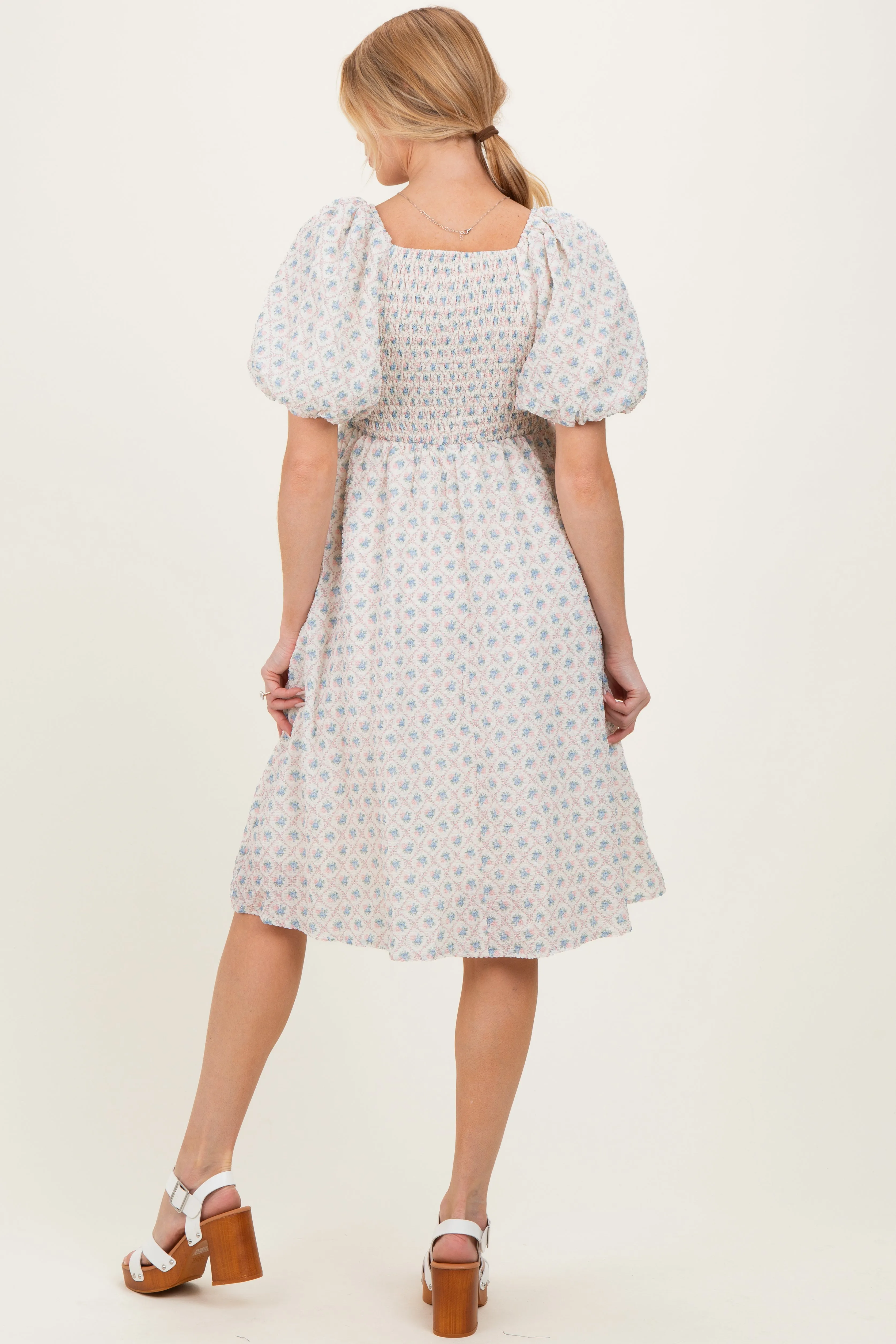 Pink Floral Square Neck Puff Sleeve Maternity Midi Dress sold by Pinkblush product image thumbnail 3