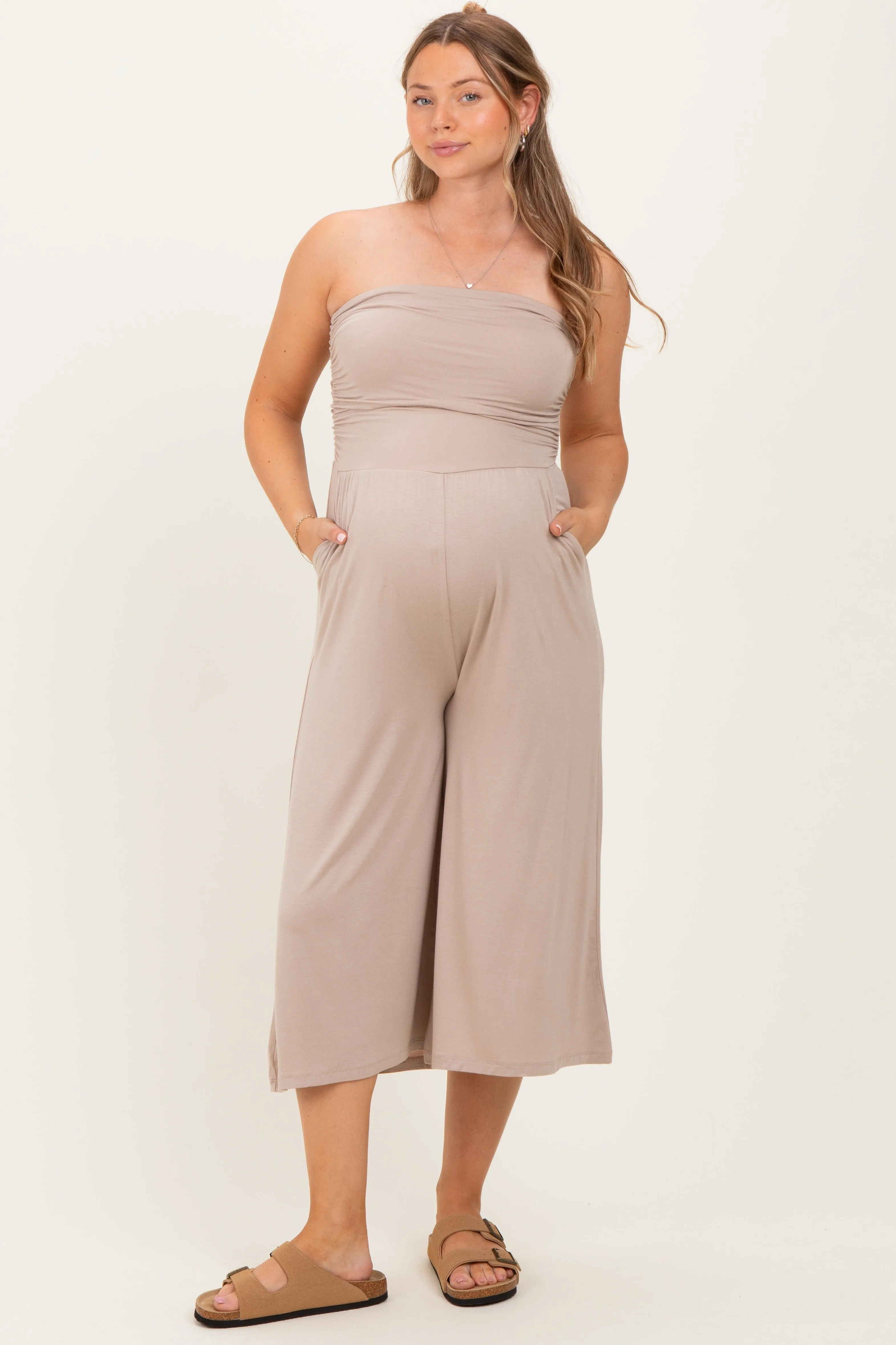 Ash Mocha Double Layered Strapless Tube Top Maternity Jumpsuit sold by Pinkblush