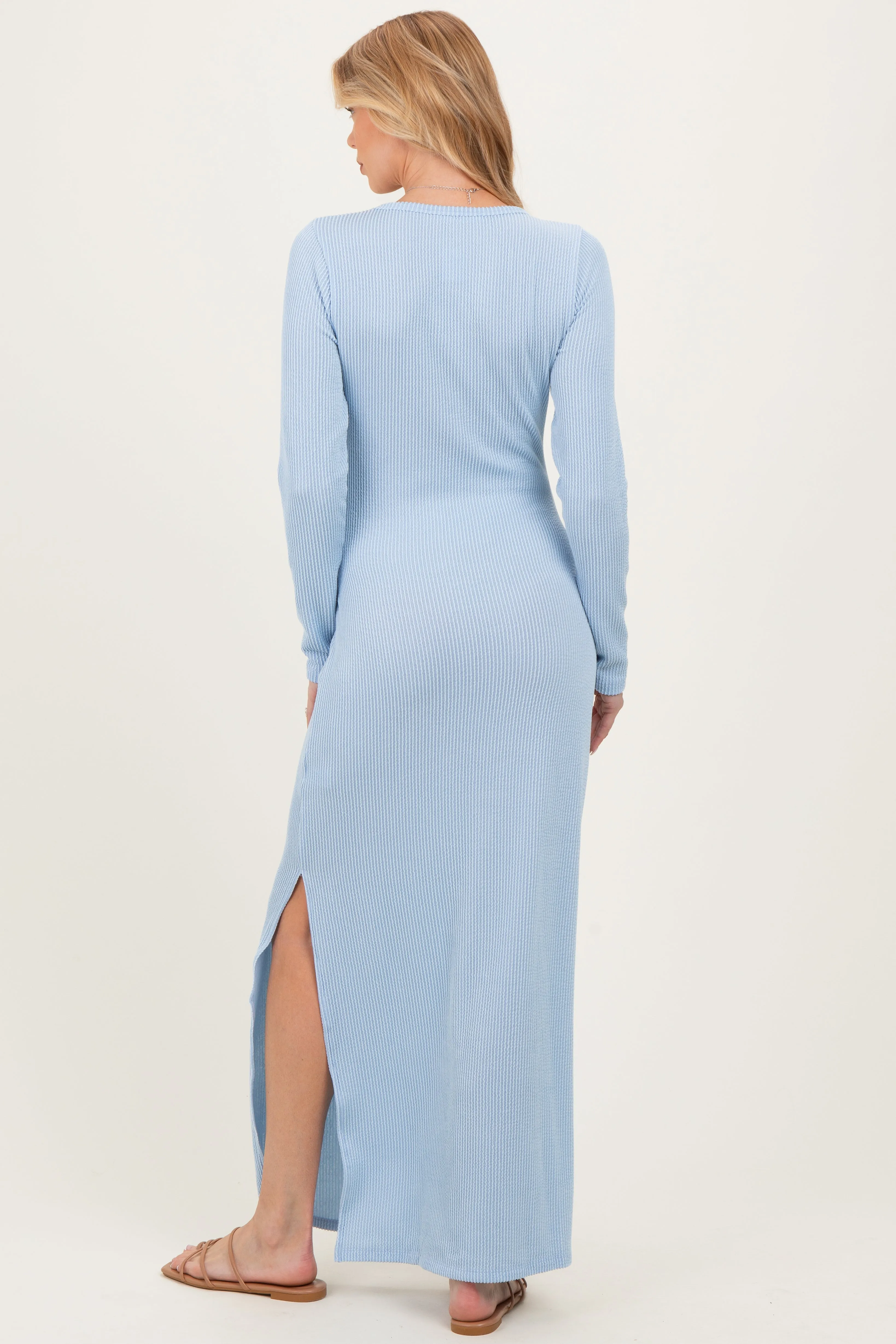 Light Blue Ribbed Long Sleeve Side Slit Maternity Maxi Dress sold by Pinkblush product image thumbnail 3