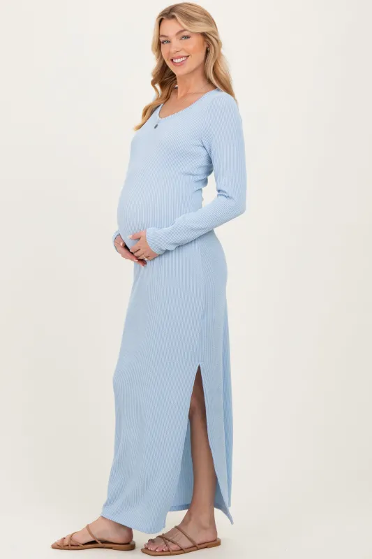 Light Blue Ribbed Long Sleeve Side Slit Maternity Maxi Dress sold by Pinkblush