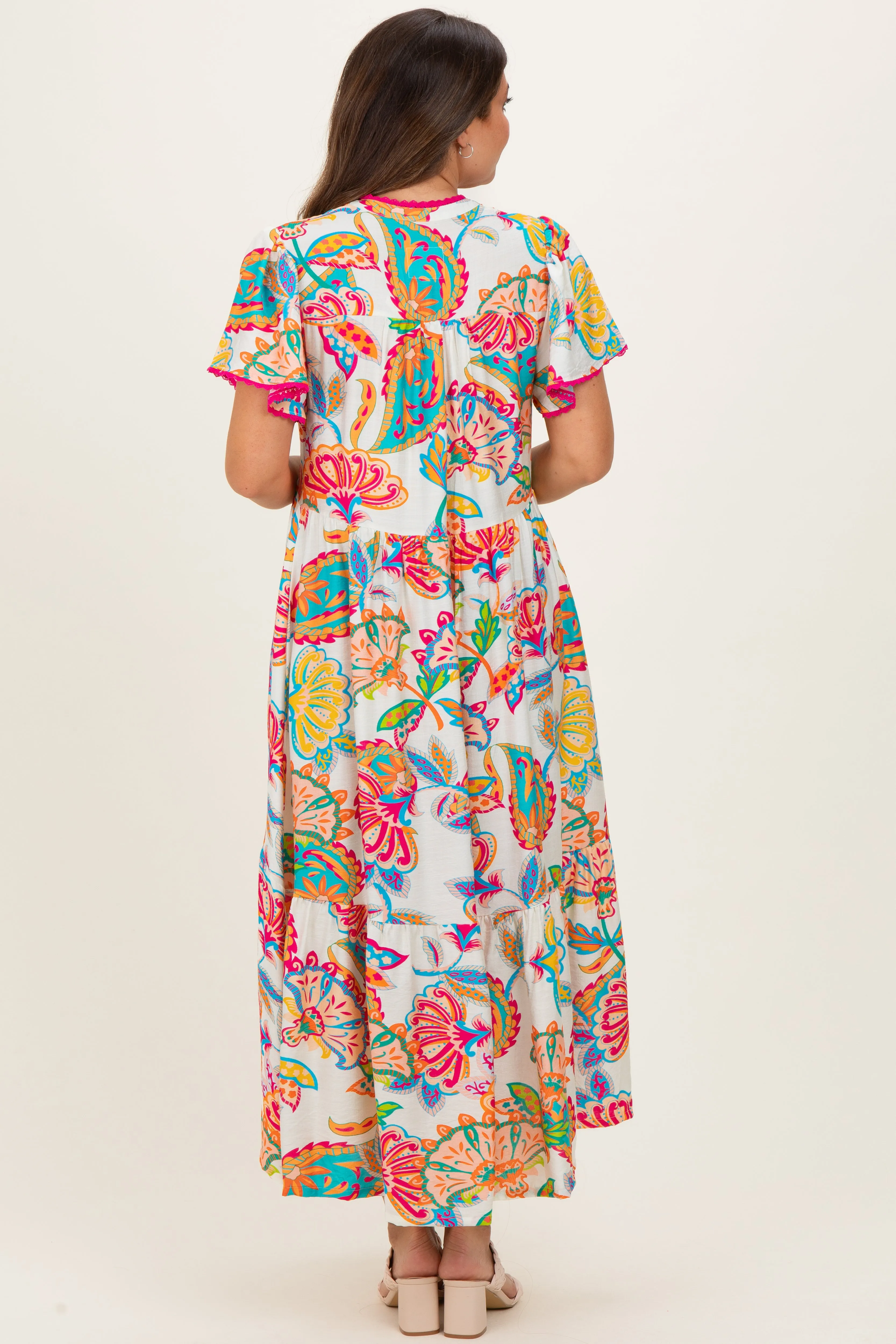 Cream Boho Print Lace Trim Tiered Maternity Midi Dress sold by Pinkblush product image thumbnail 4