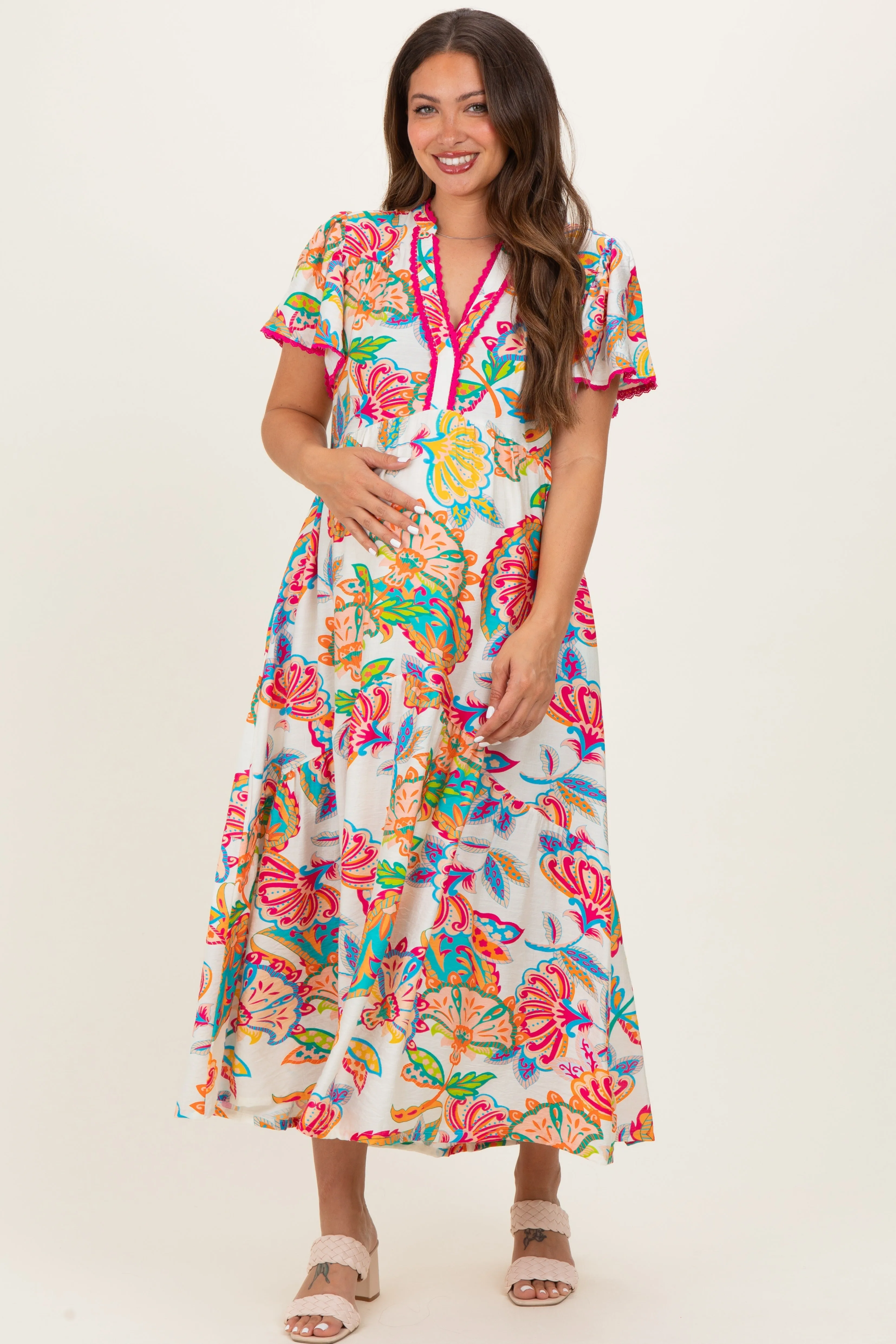 Cream Boho Print Lace Trim Tiered Maternity Midi Dress sold by Pinkblush