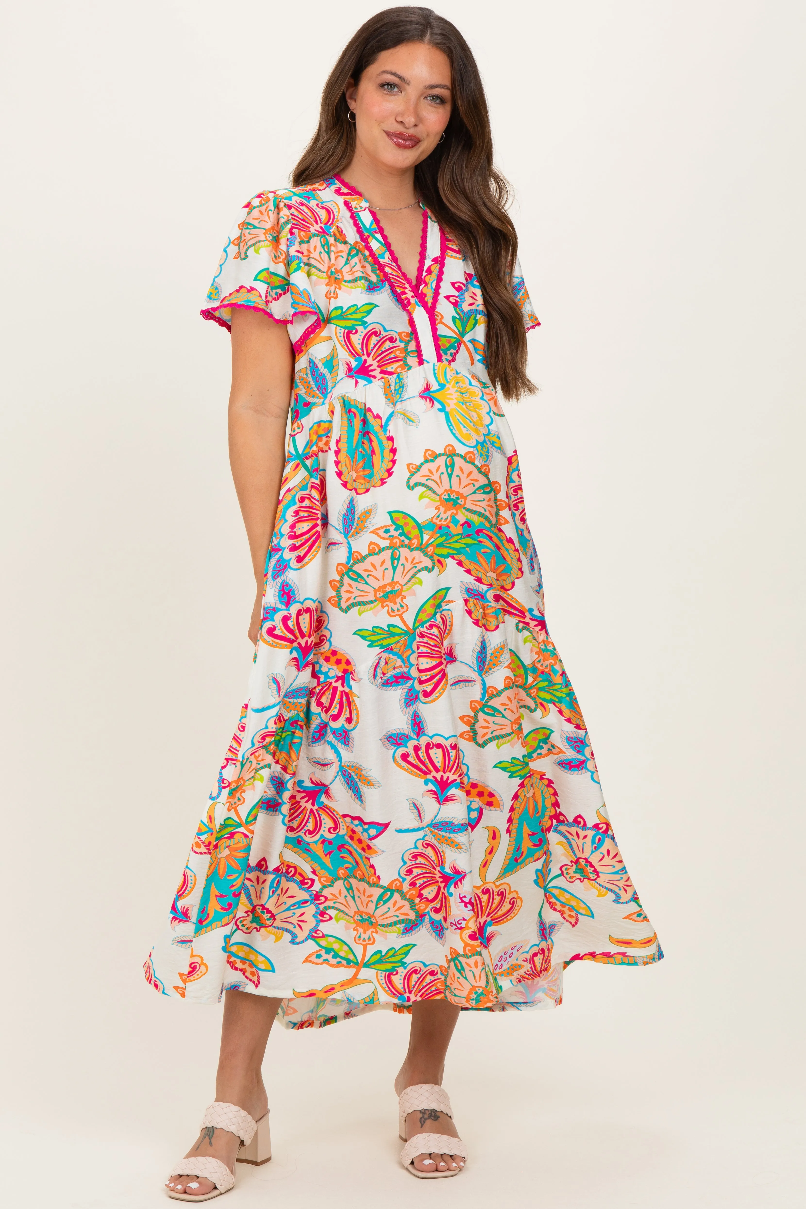 Cream Boho Print Lace Trim Tiered Maternity Midi Dress sold by Pinkblush product image thumbnail 2