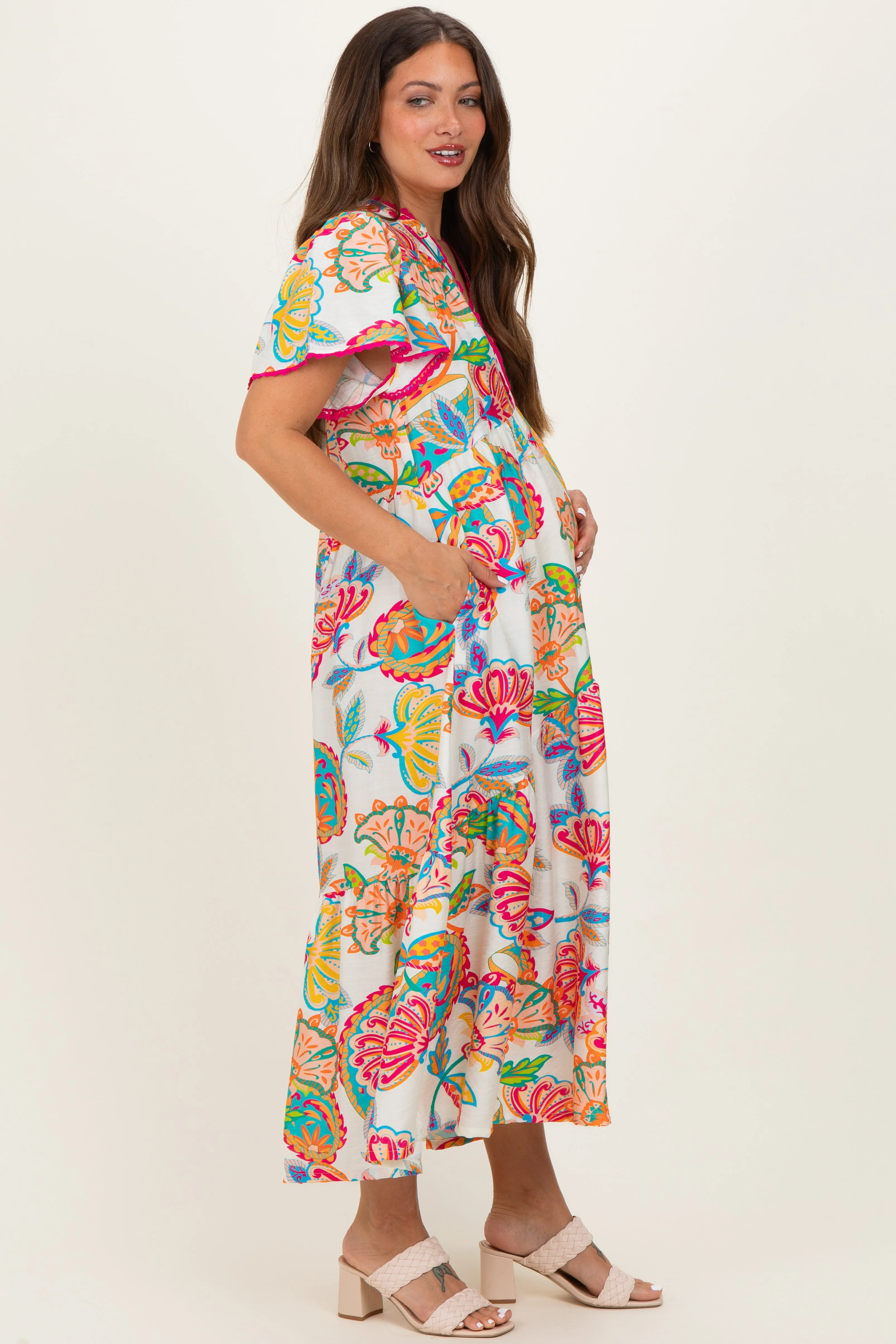 Cream Boho Print Lace Trim Tiered Maternity Midi Dress sold by Pinkblush product image thumbnail 3