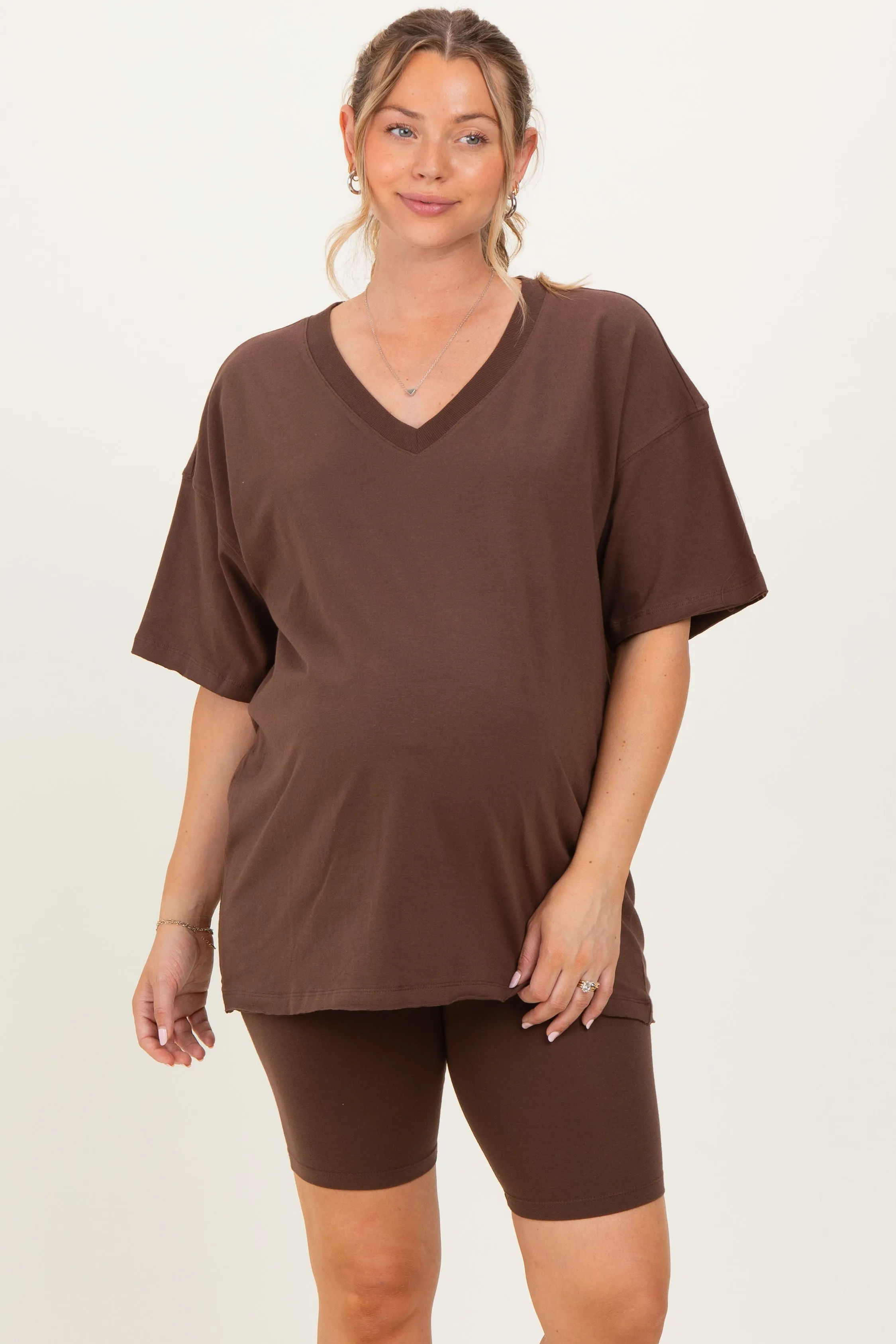 Brown Oversized V-Neck Biker Short Maternity Set sold by Pinkblush product image thumbnail 2