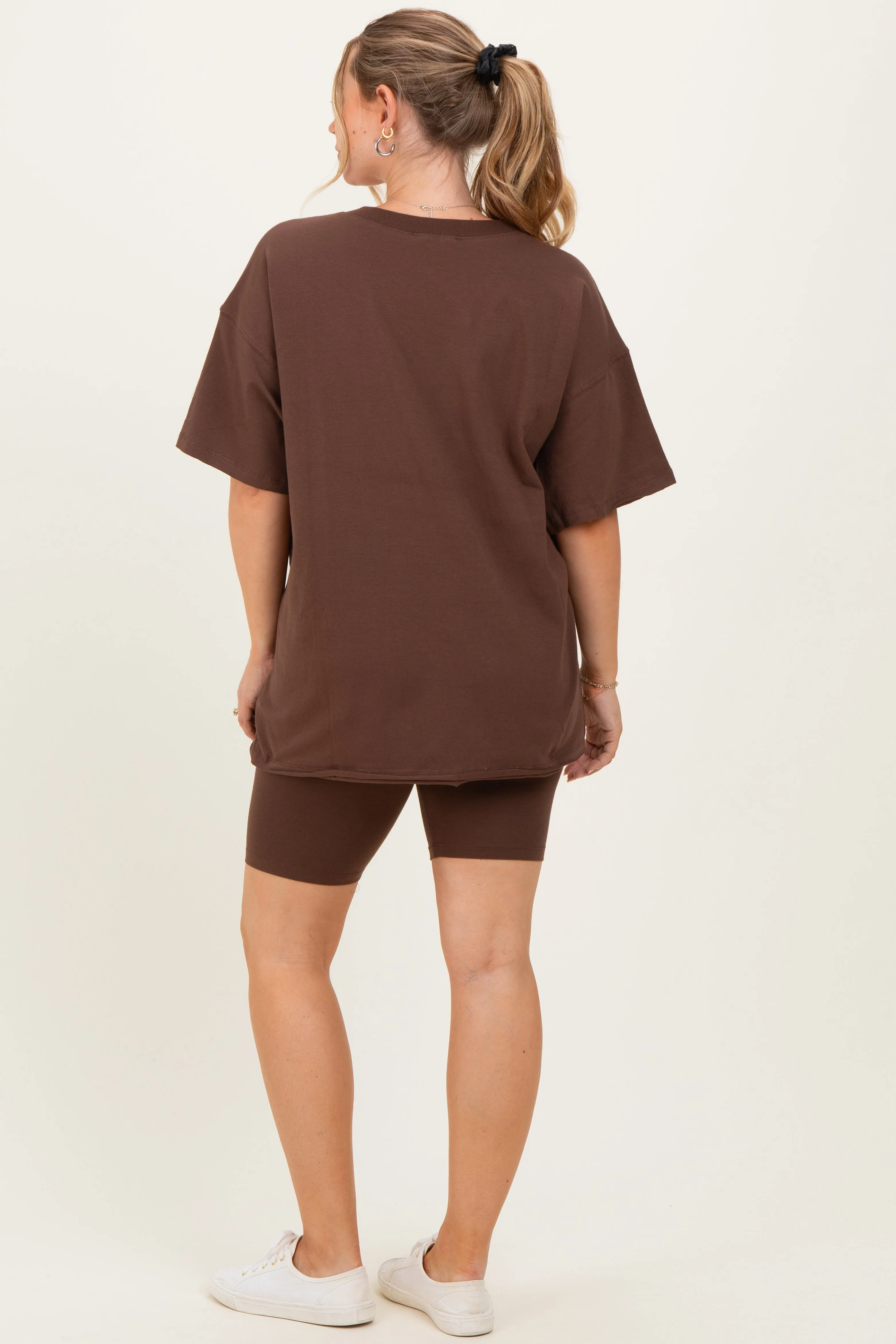 Brown Oversized V-Neck Biker Short Maternity Set sold by Pinkblush product image thumbnail 4