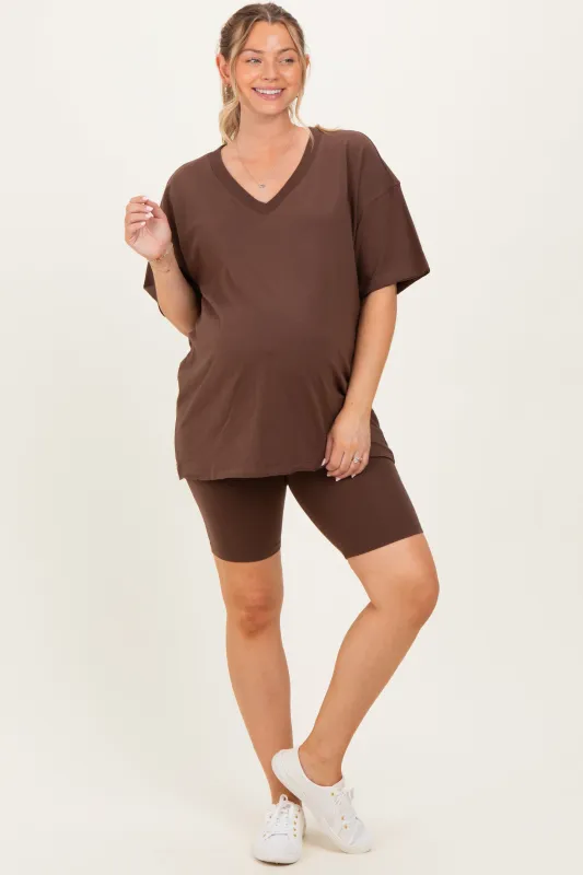 Brown Oversized V-Neck Biker Short Maternity Set sold by Pinkblush