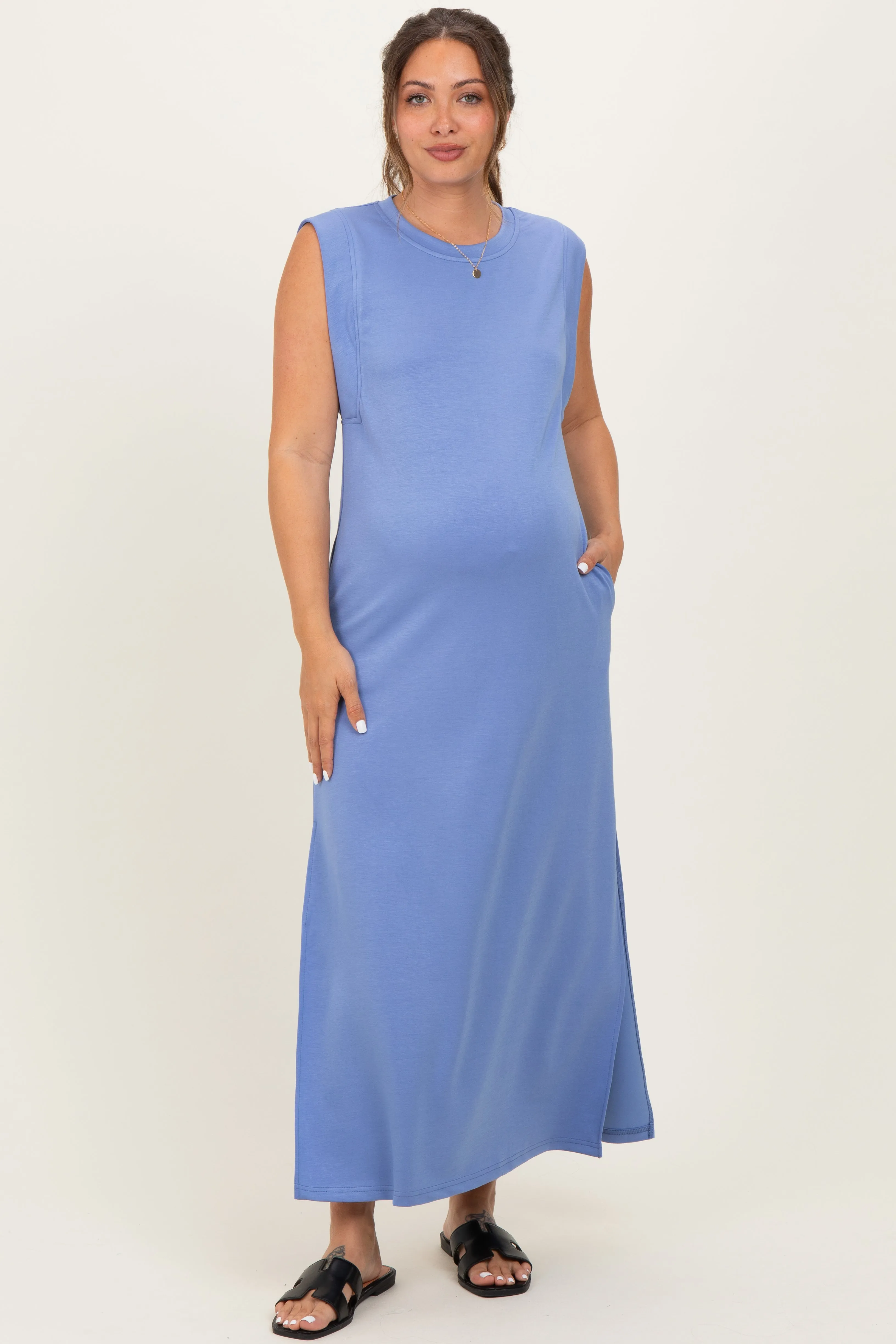 Light Blue Sleeveless Side Slit Maternity Midi Dress sold by Pinkblush product image thumbnail 3