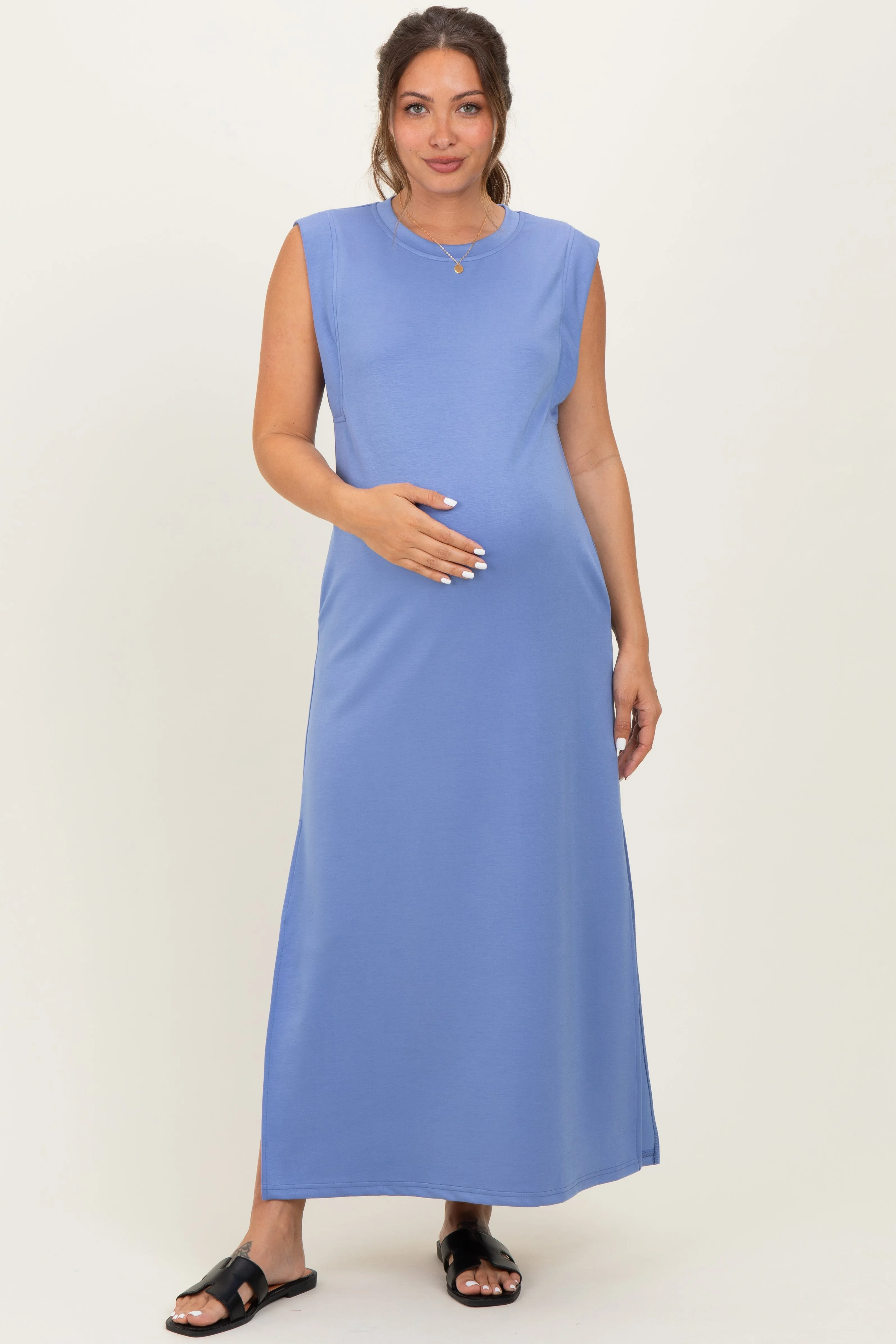 Light Blue Sleeveless Side Slit Maternity Midi Dress sold by Pinkblush product image thumbnail 2