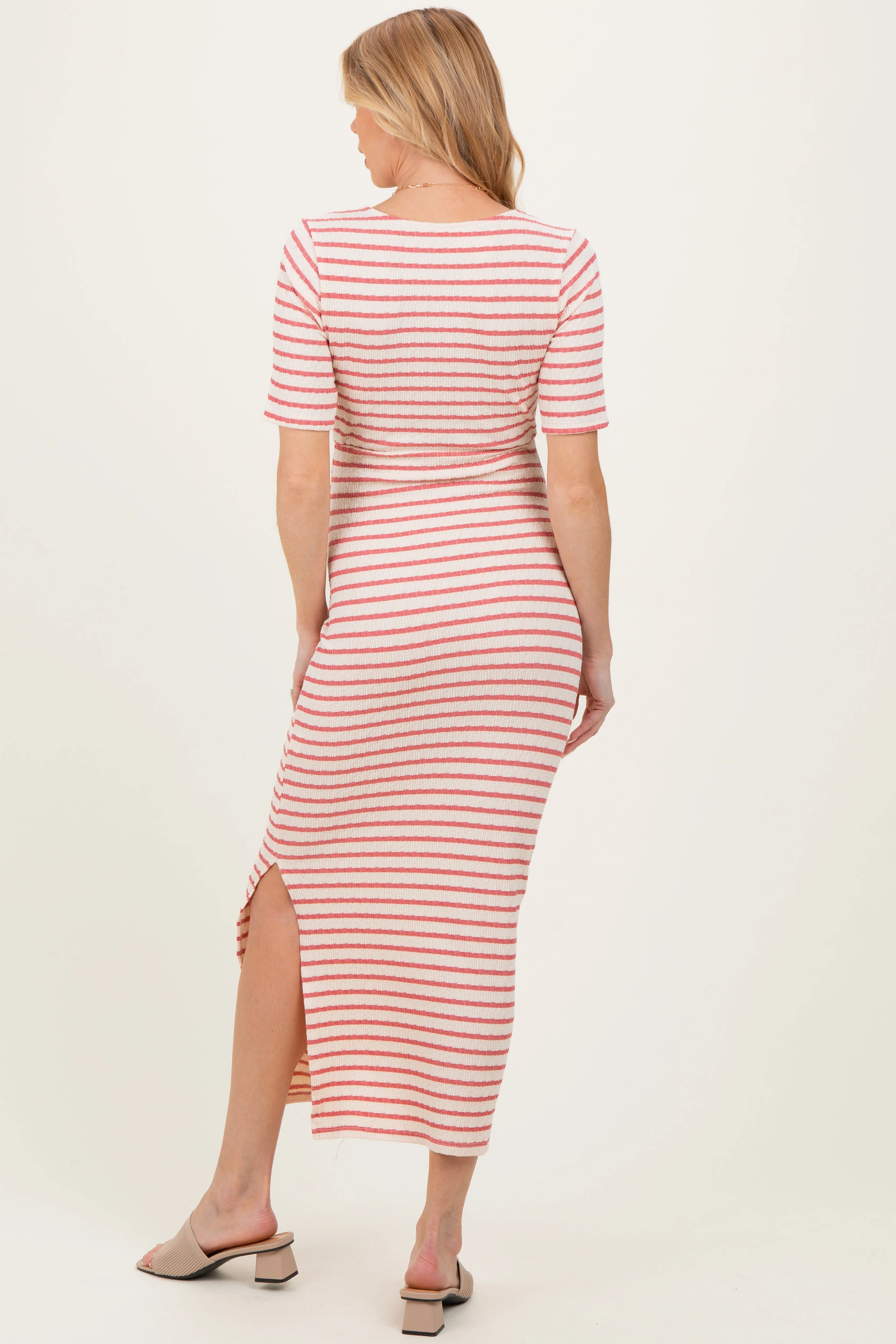 Cream/ Mauve Striped Knit Short Sleeve Maternity Maxi Dress sold by Pinkblush product image thumbnail 4