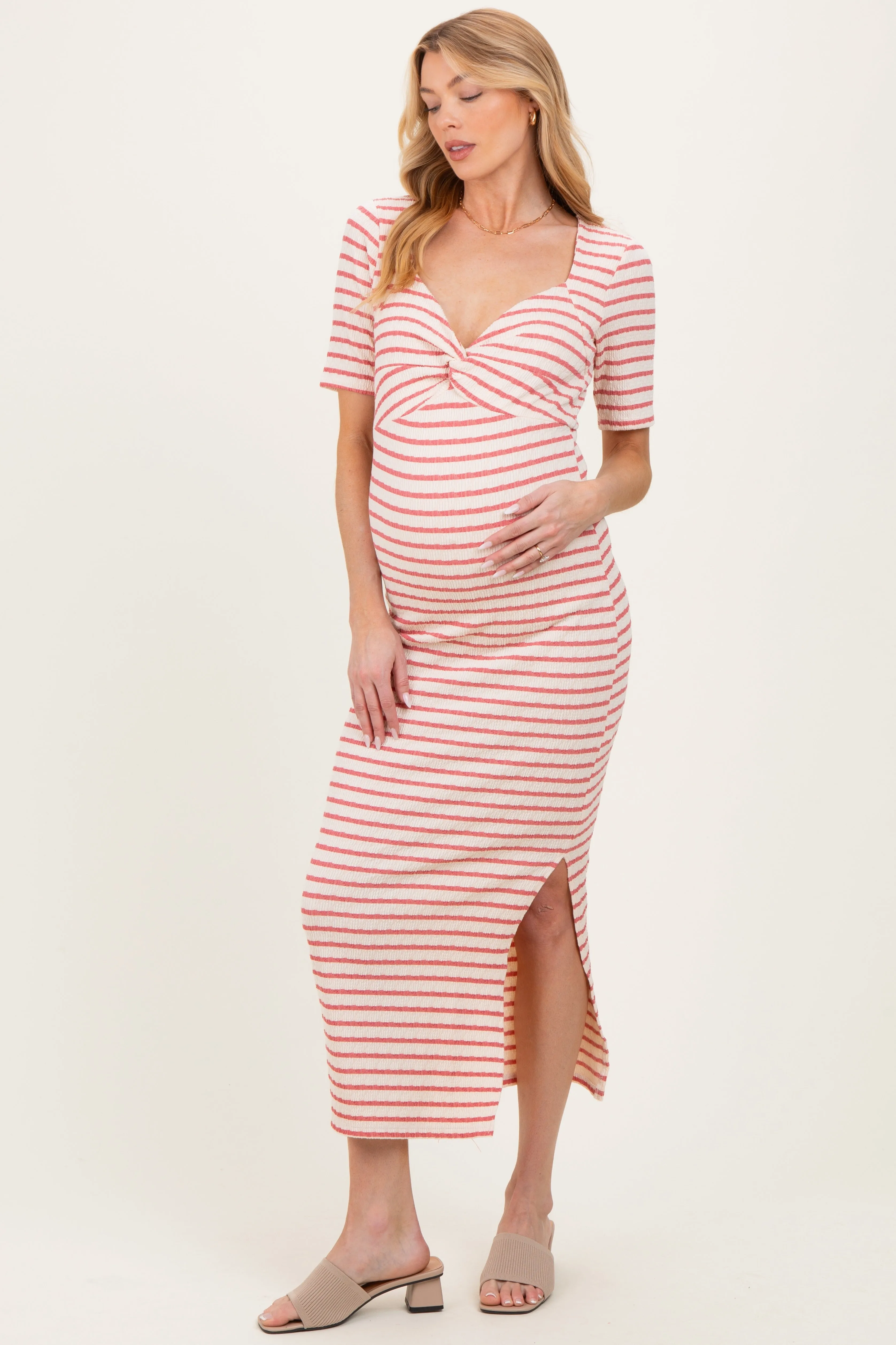 Cream/ Mauve Striped Knit Short Sleeve Maternity Maxi Dress sold by Pinkblush