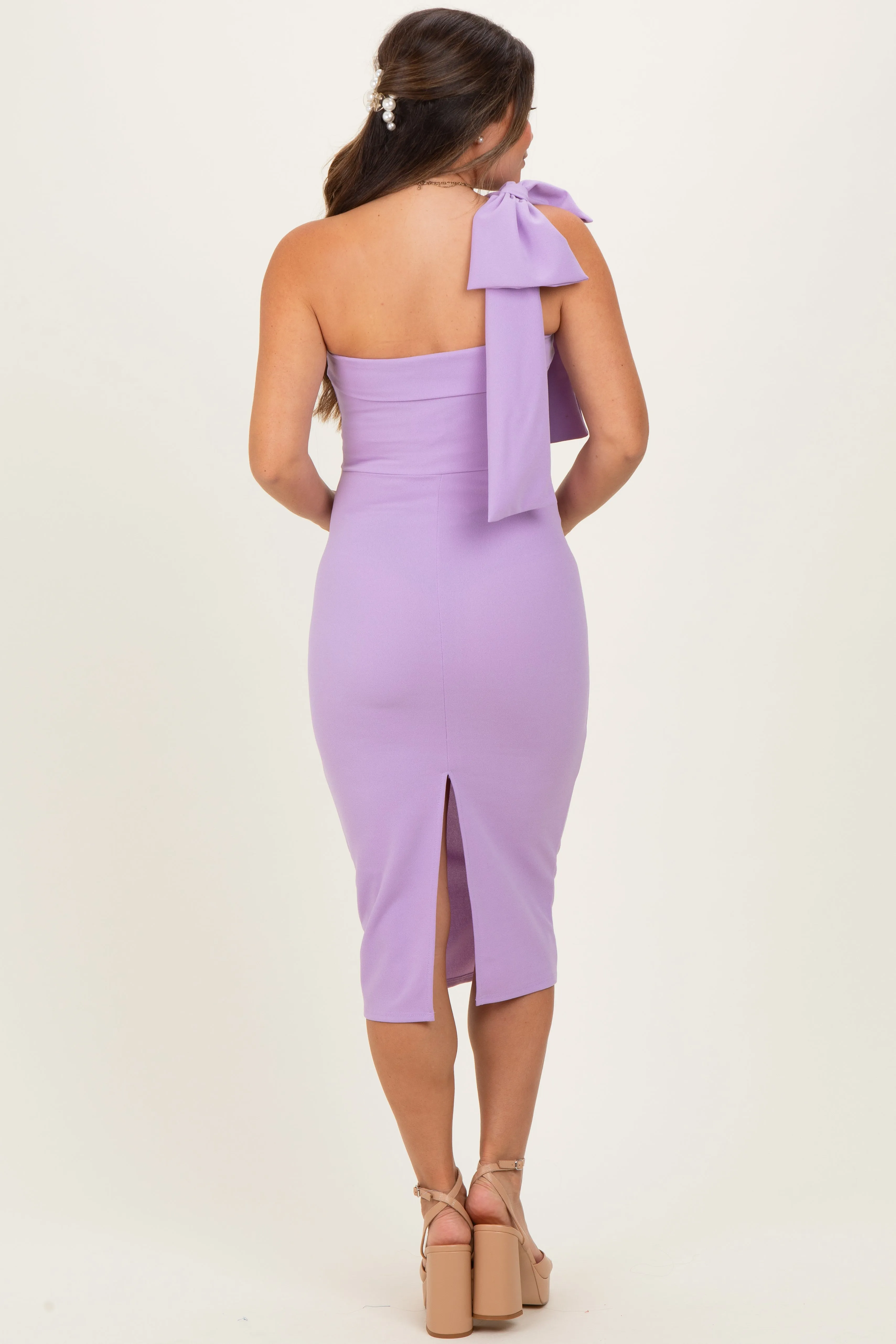 Lavender One Shoulder Bow Maternity Midi Dress sold by Pinkblush product image thumbnail 3